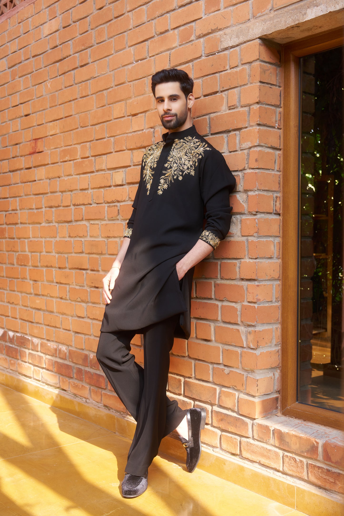 Black kurta with royal gold intricate floral hand embroidery design