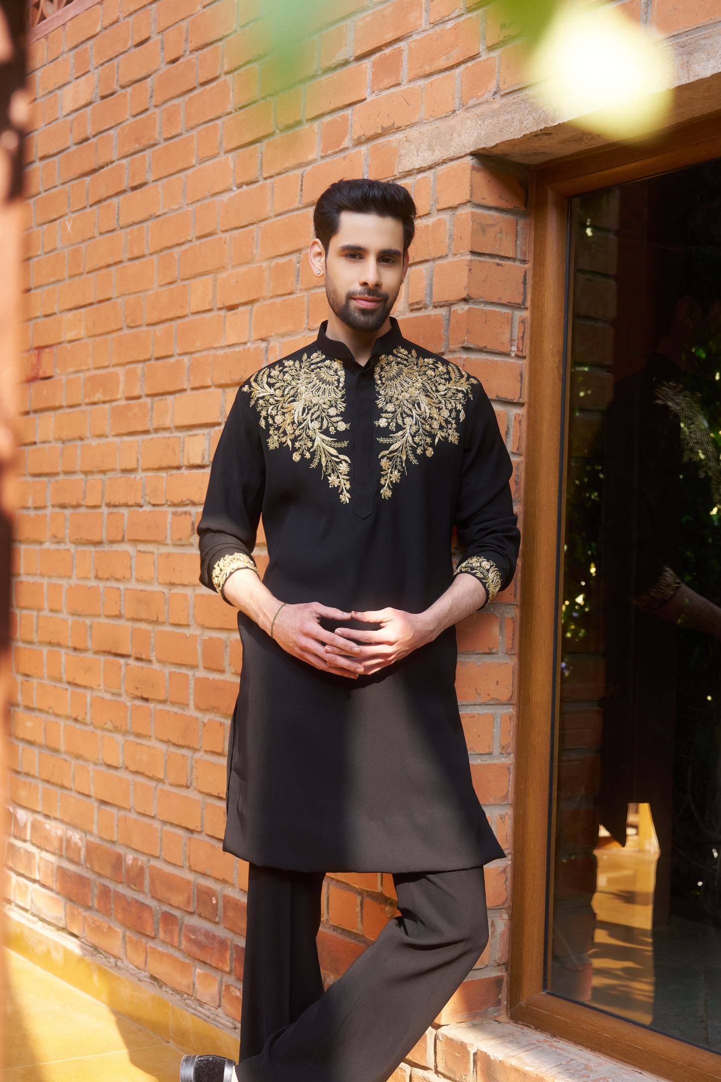 Black kurta with royal gold intricate floral hand embroidery design