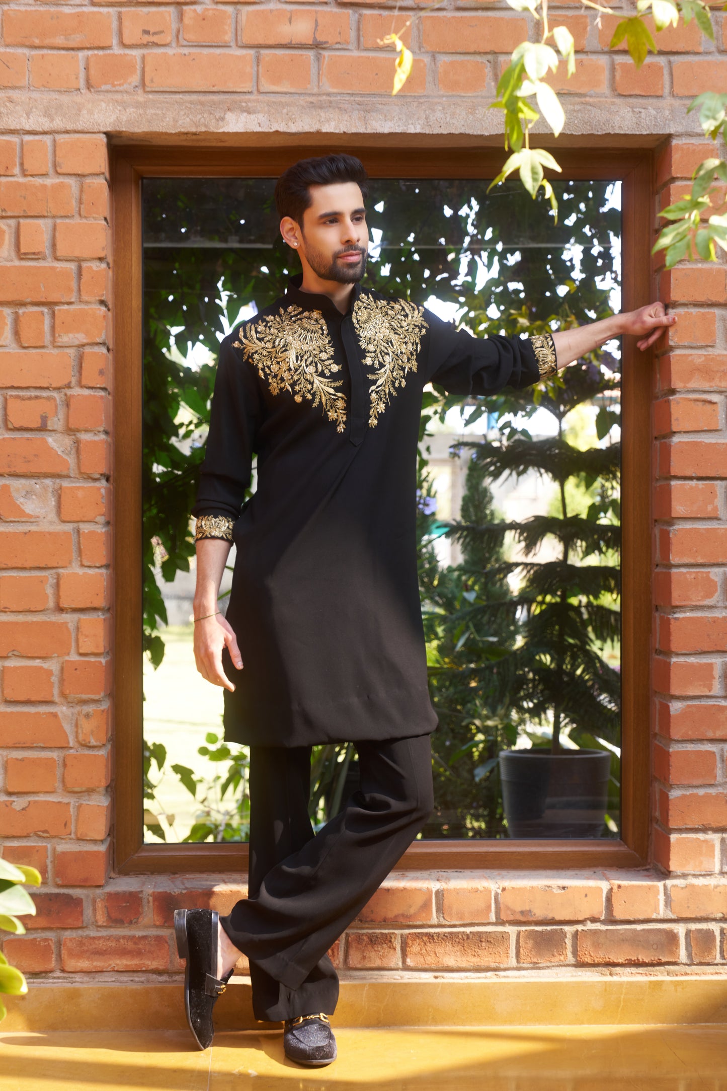 Black kurta with royal gold intricate floral hand embroidery design