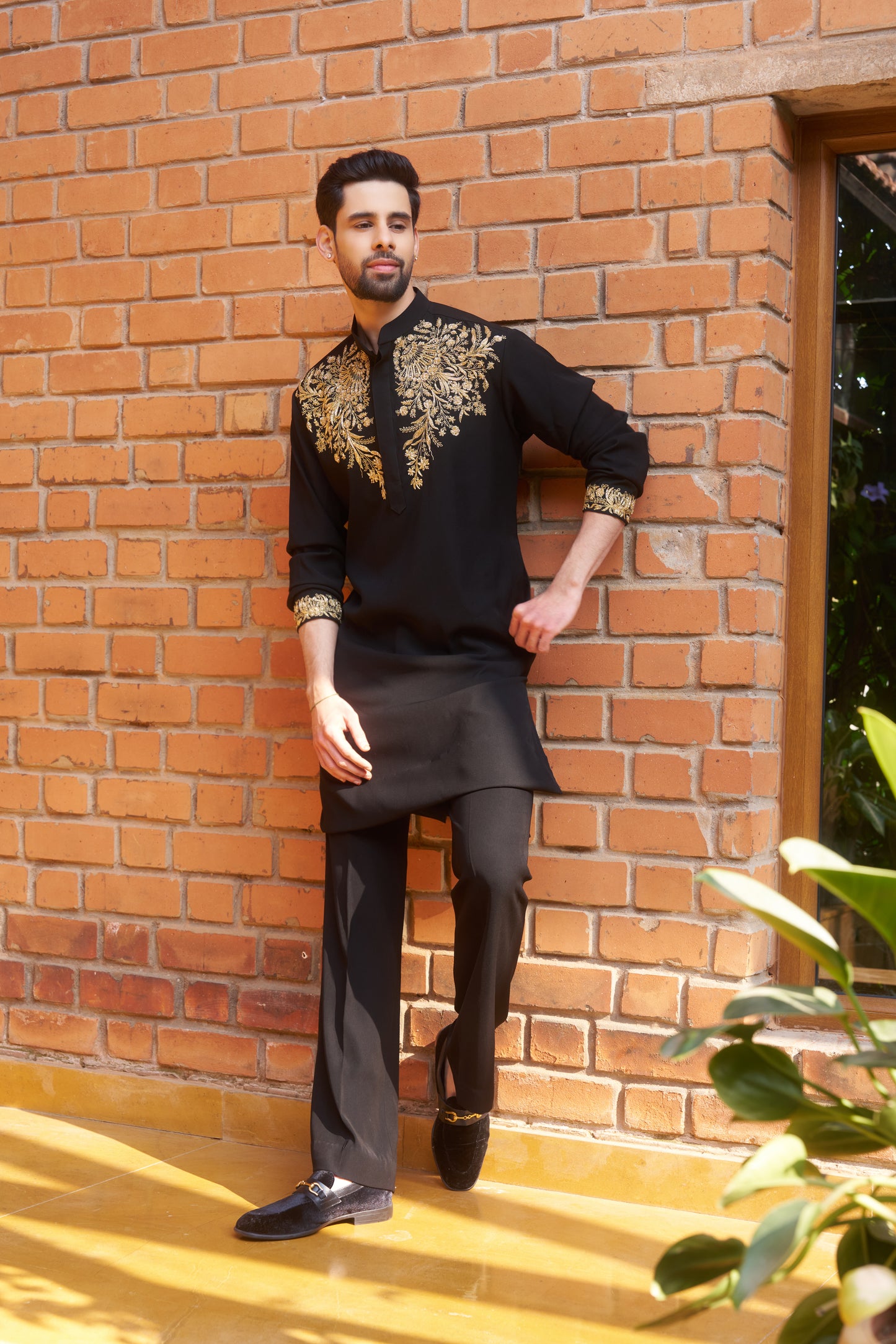 Black kurta with royal gold intricate floral hand embroidery design