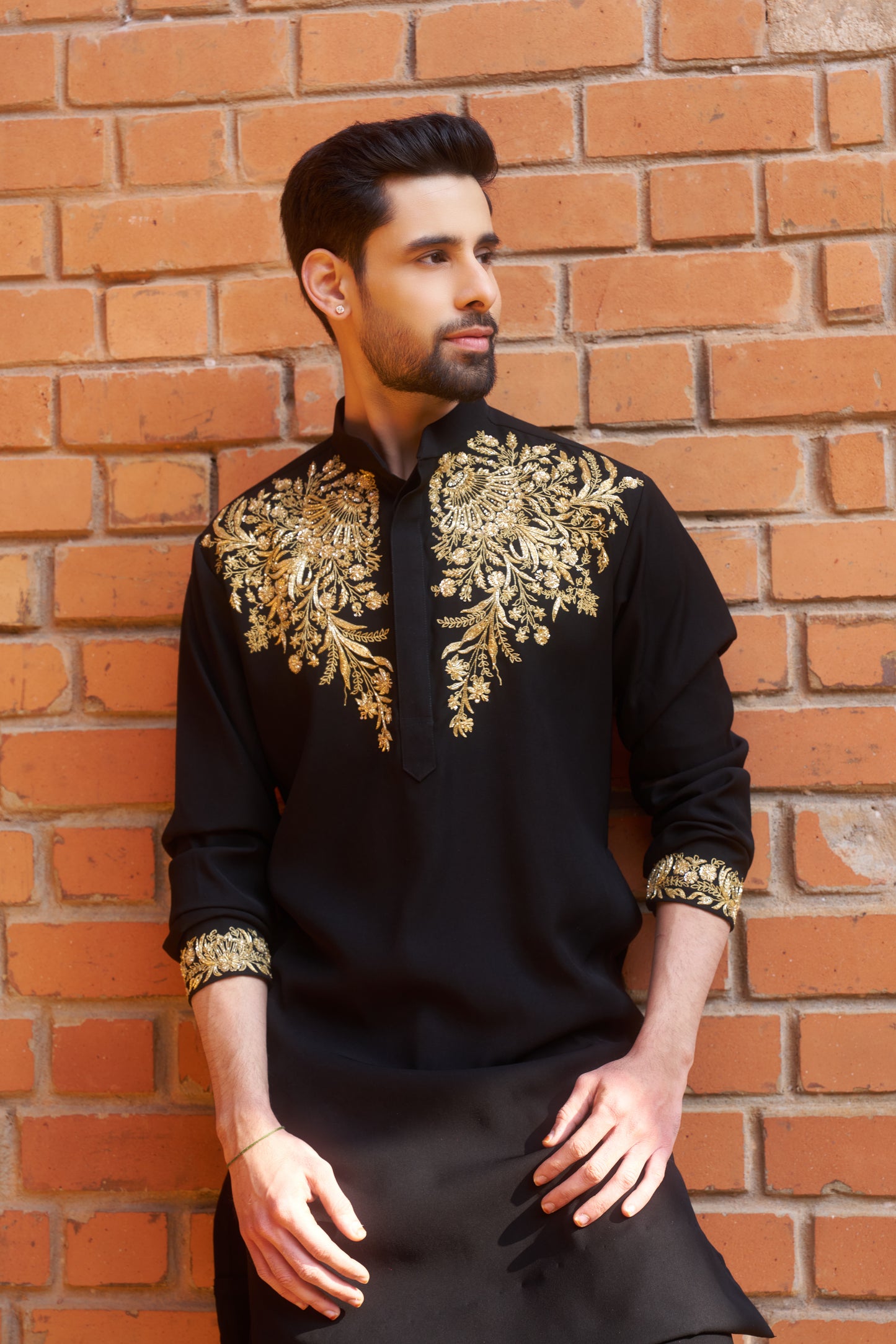 Black kurta with royal gold intricate floral hand embroidery design