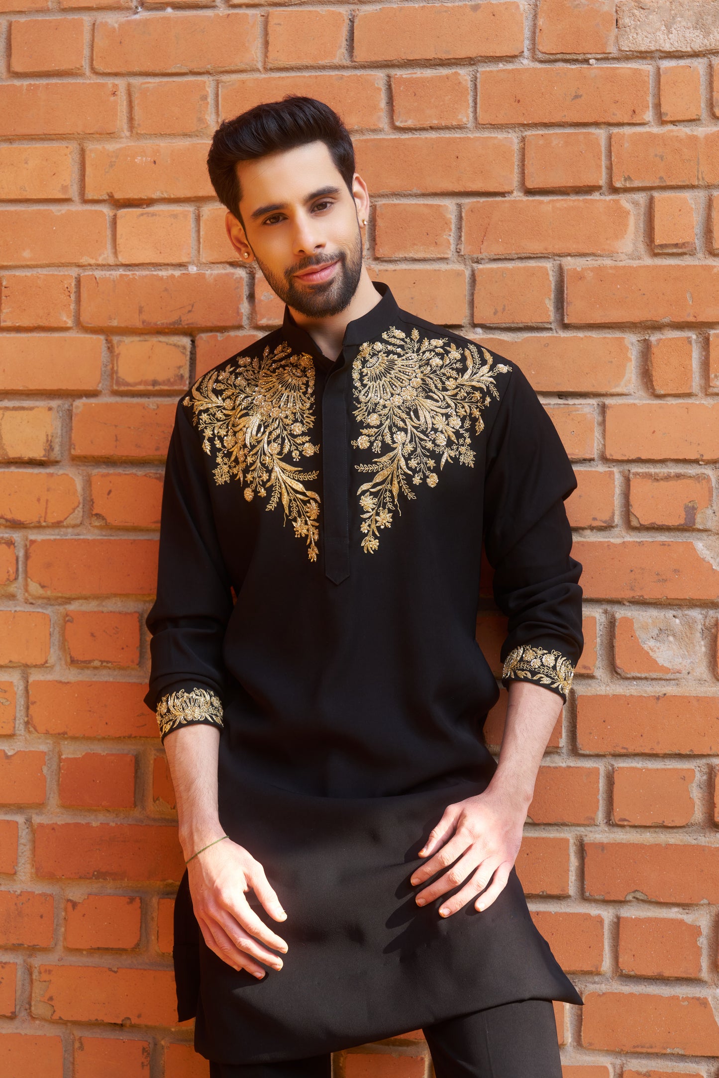 Black kurta with royal gold intricate floral hand embroidery design