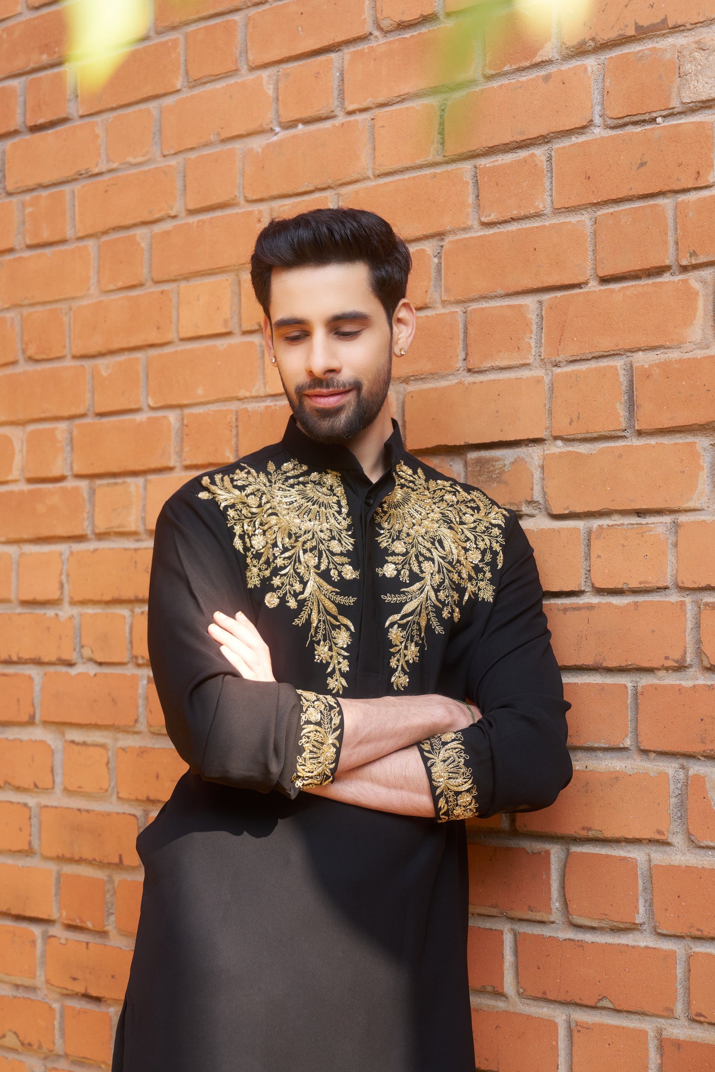 Black kurta with royal gold intricate floral hand embroidery design