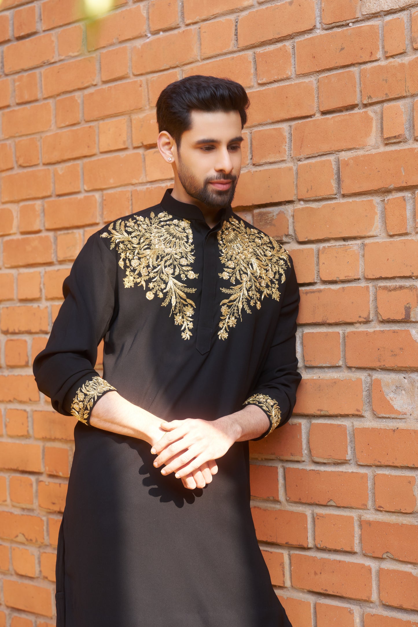 Black kurta with royal gold intricate floral hand embroidery design