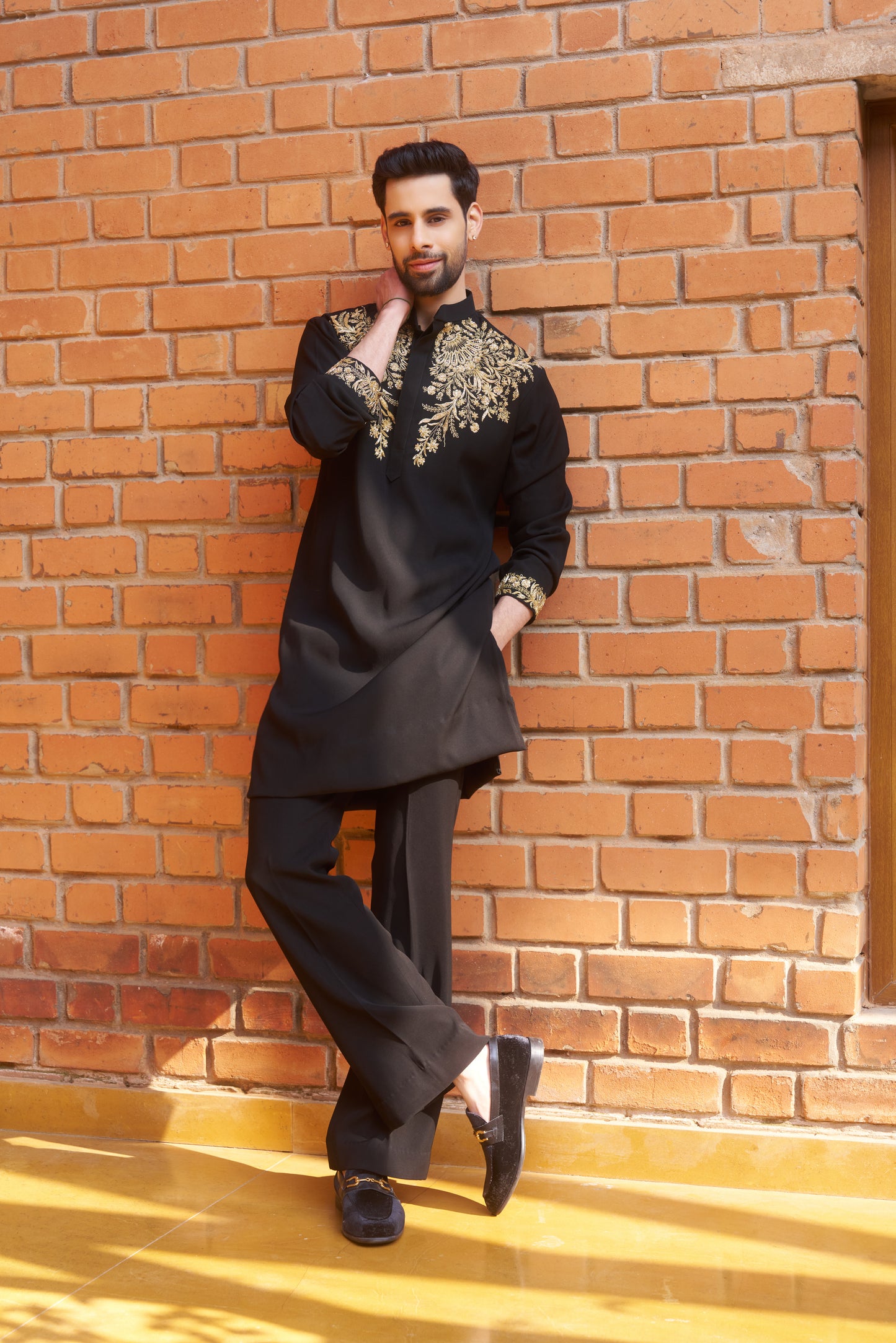Black kurta with royal gold intricate floral hand embroidery design