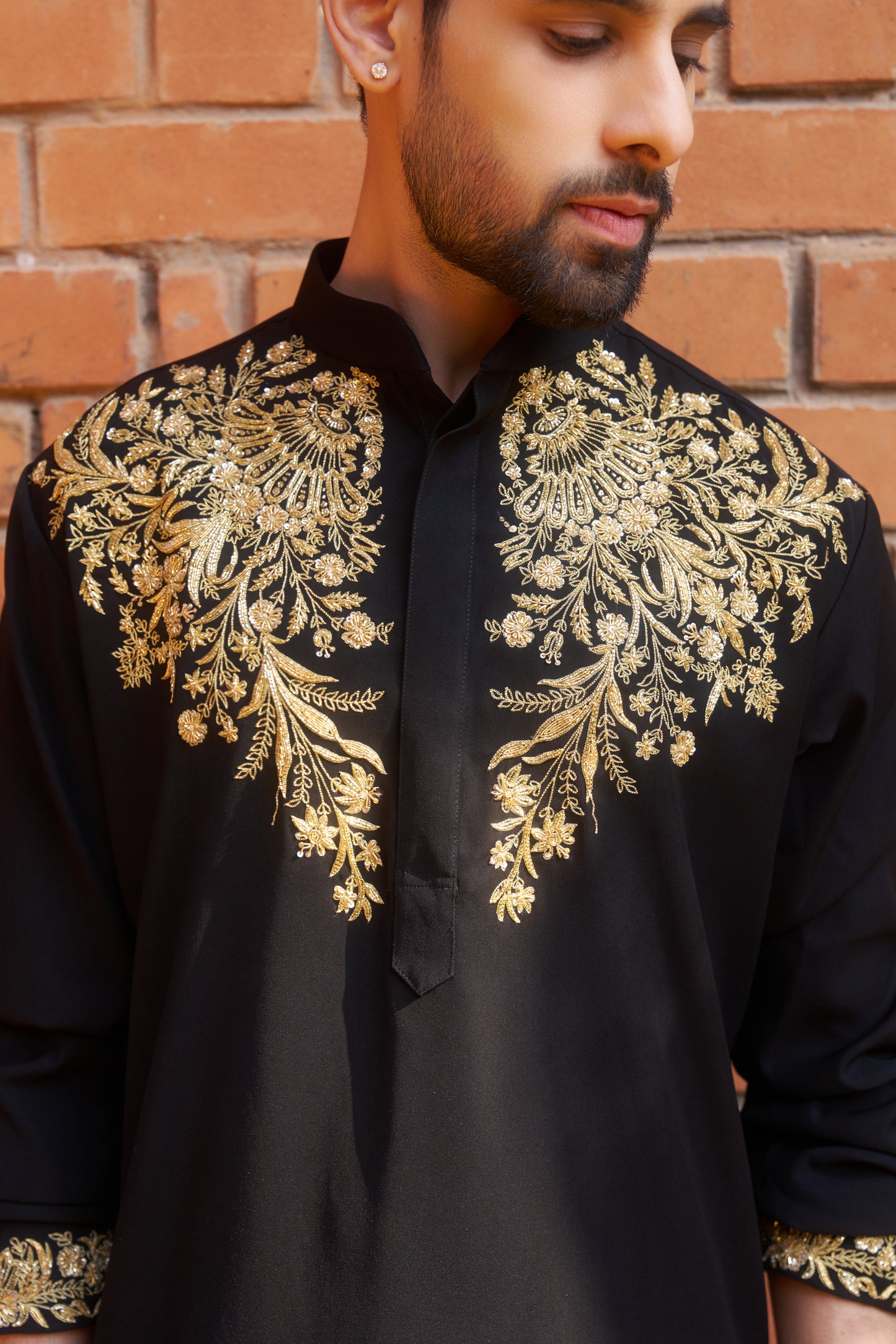 Black kurta with royal gold intricate floral hand embroidery design