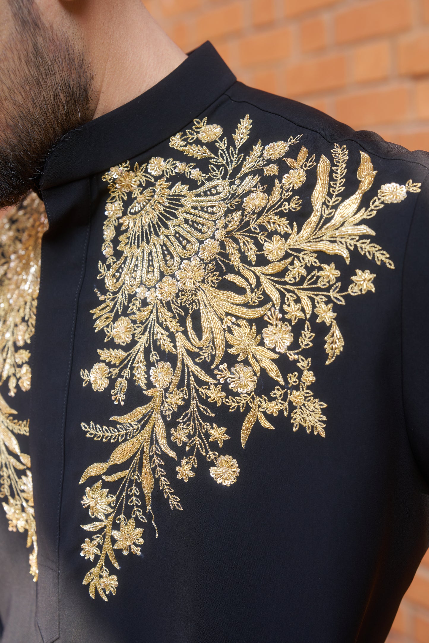 Black kurta with royal gold intricate floral hand embroidery design