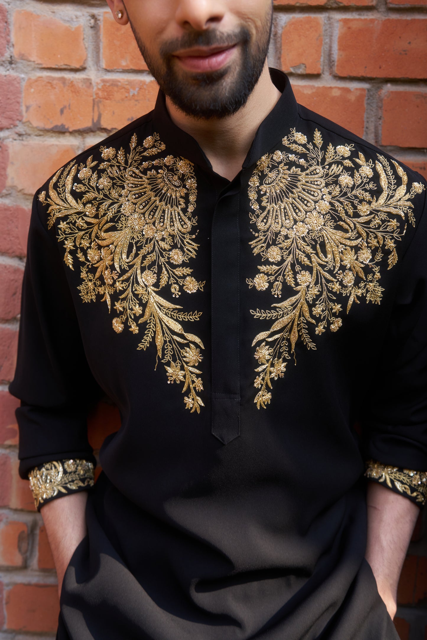 Black kurta with royal gold intricate floral hand embroidery design