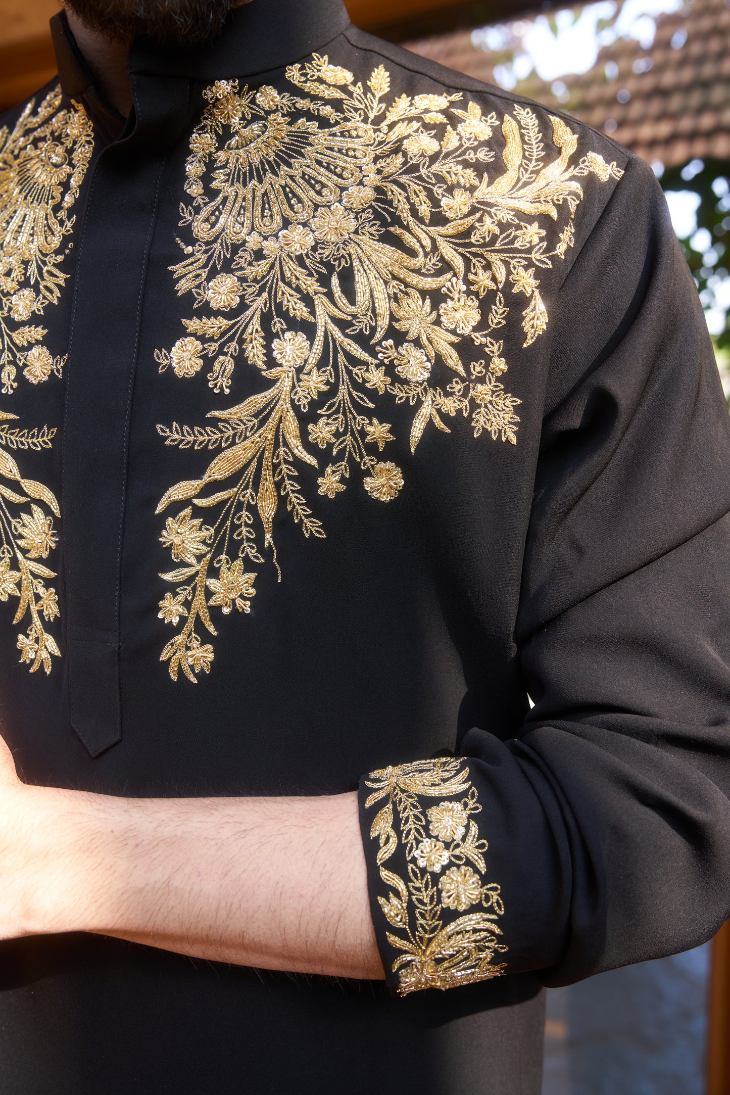Black kurta with royal gold intricate floral hand embroidery design