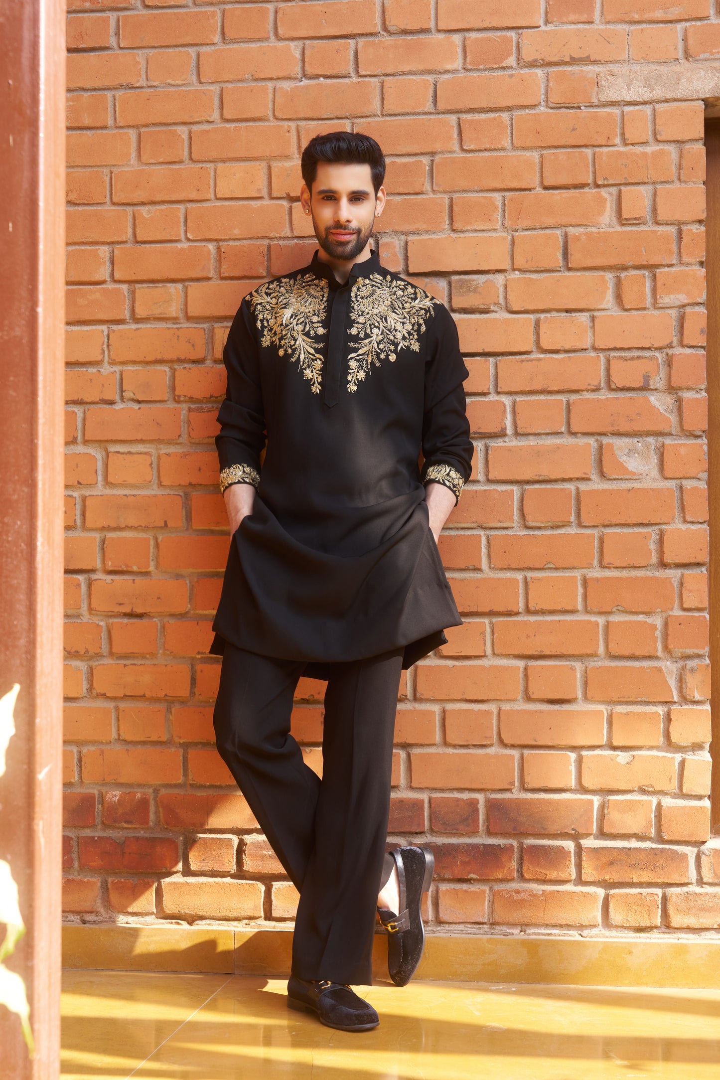 Black kurta with royal gold intricate floral hand embroidery design
