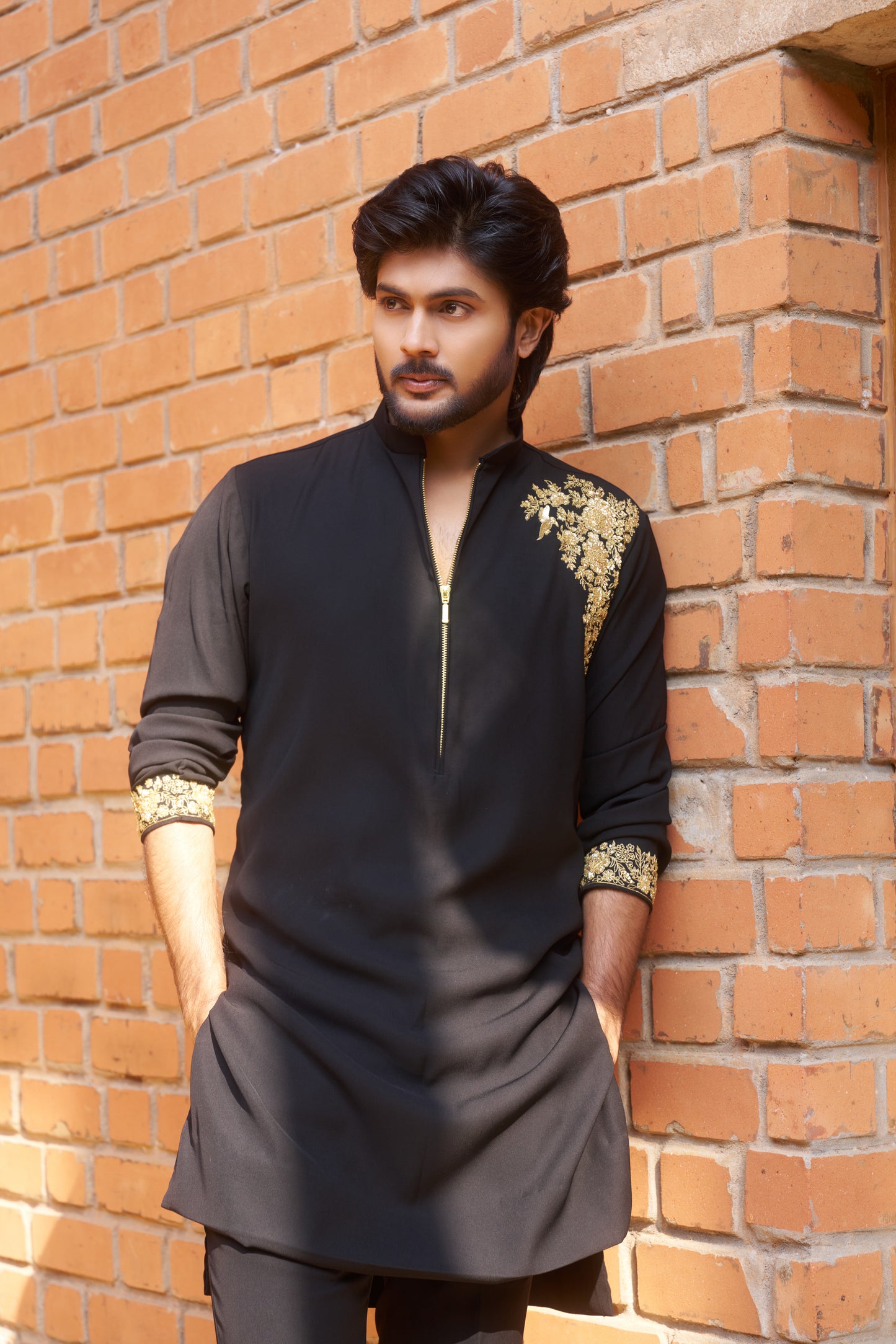 Black zipper kurta with gold floral embroidery one sided design