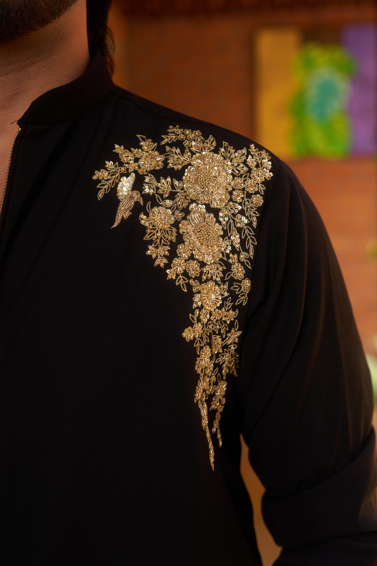 Black zipper kurta with gold floral embroidery one sided design
