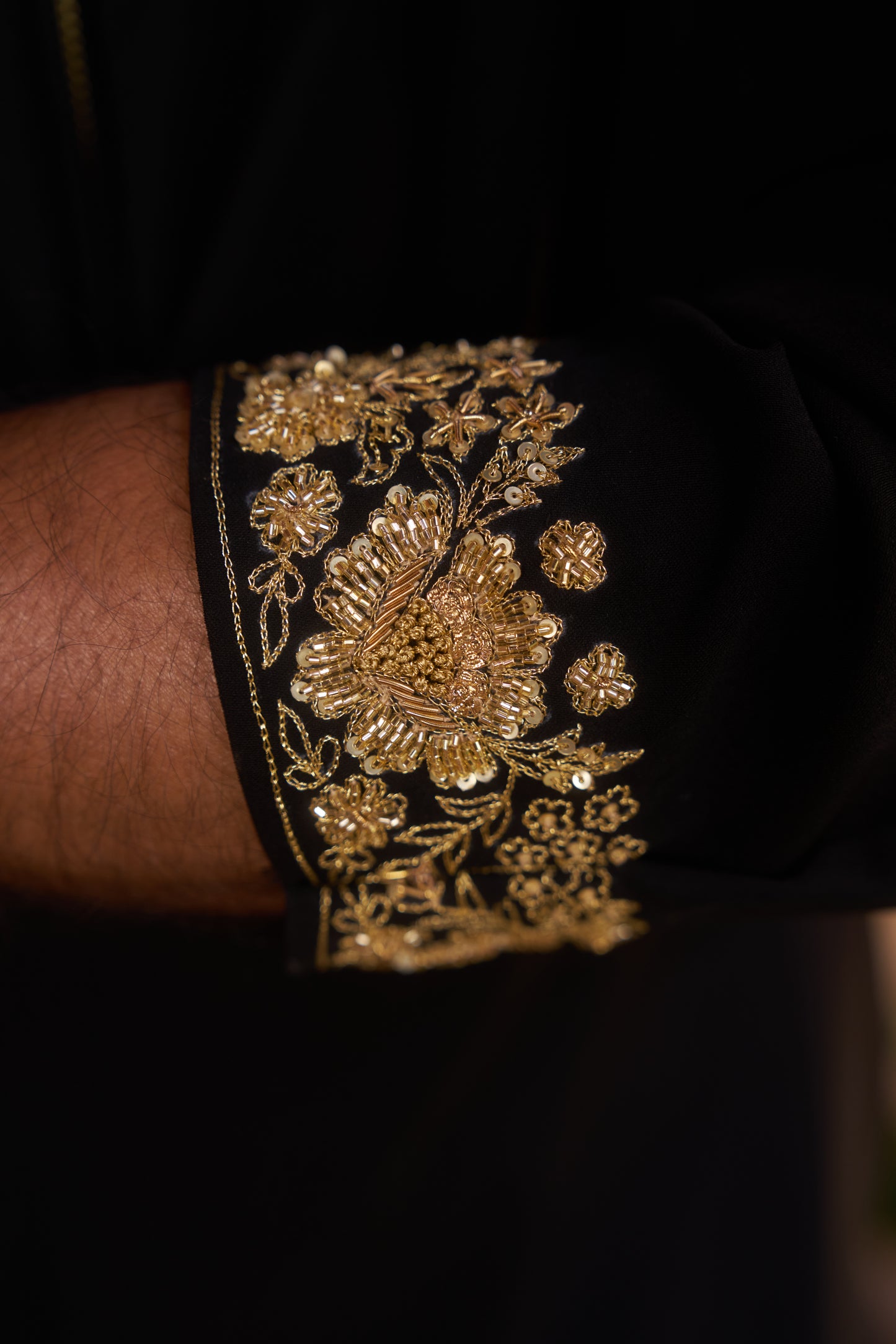 Black zipper kurta with gold floral embroidery one sided design