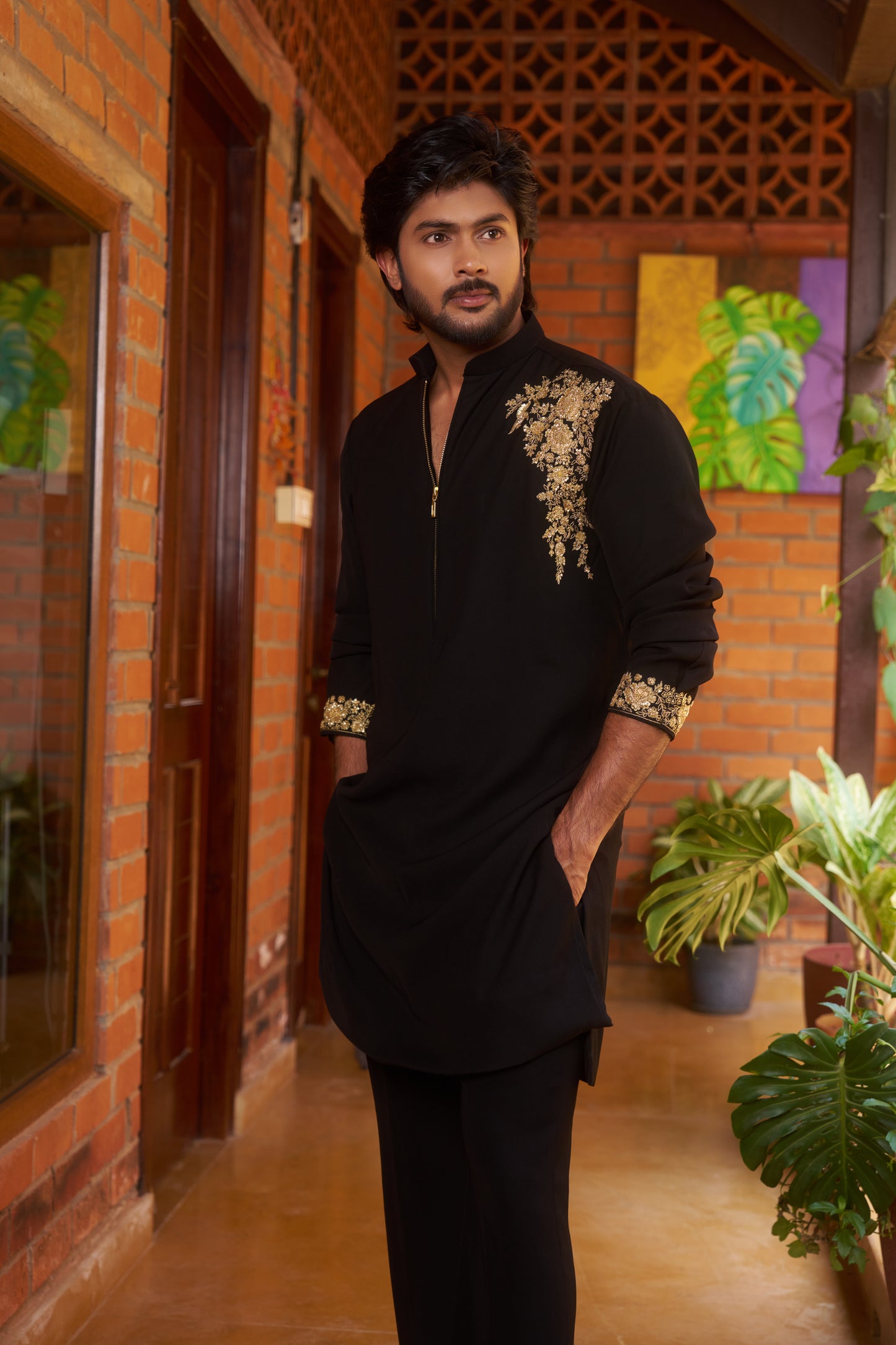 Black zipper kurta with gold floral embroidery one sided design