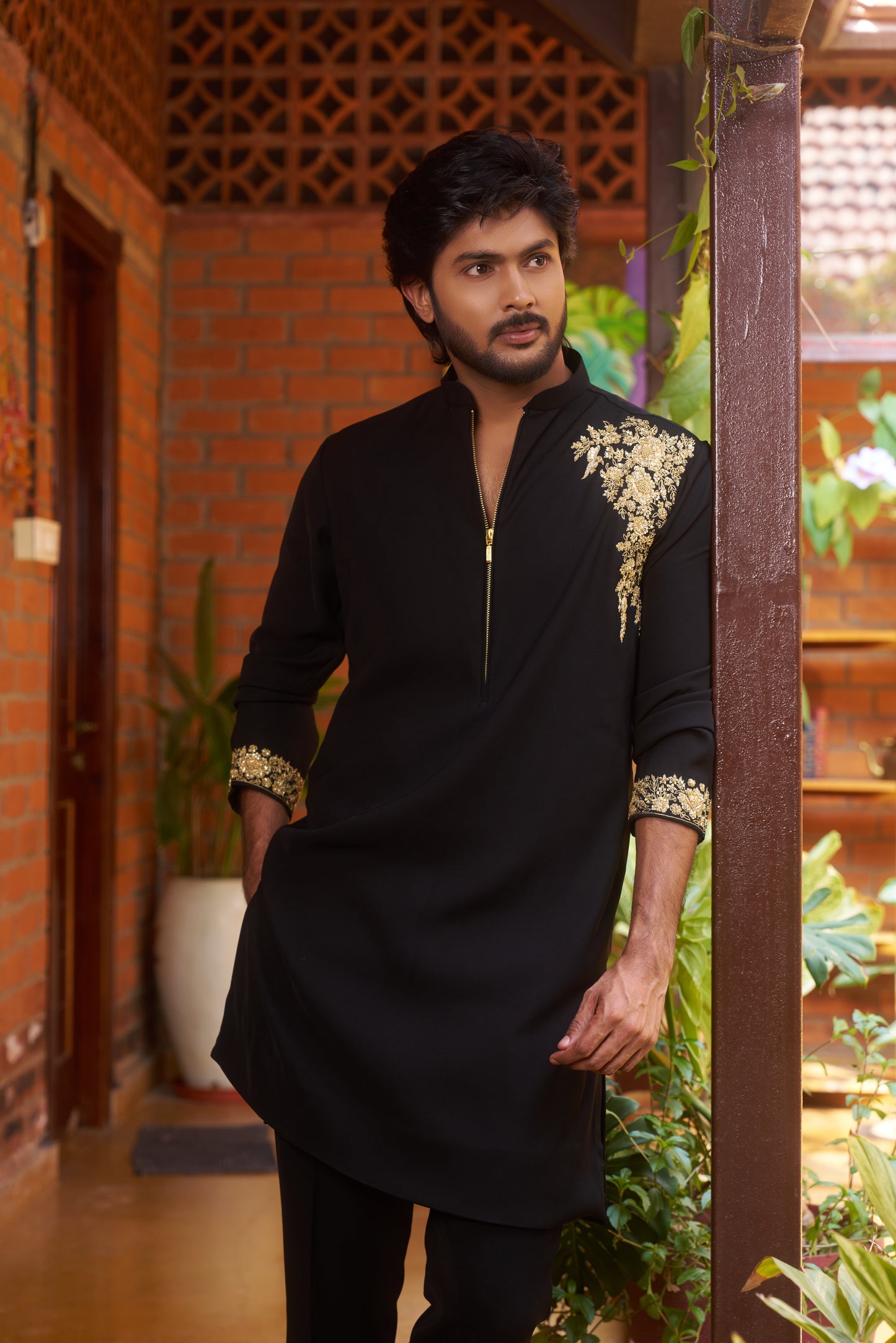 Black zipper kurta with gold floral embroidery one sided design