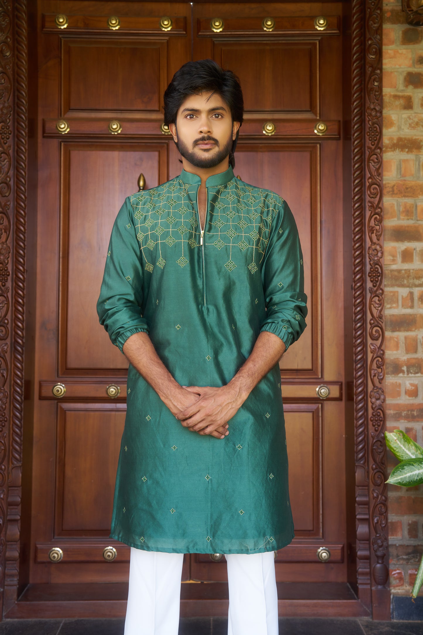 Green traditional zipper kurta with gold pattern embroidery design
