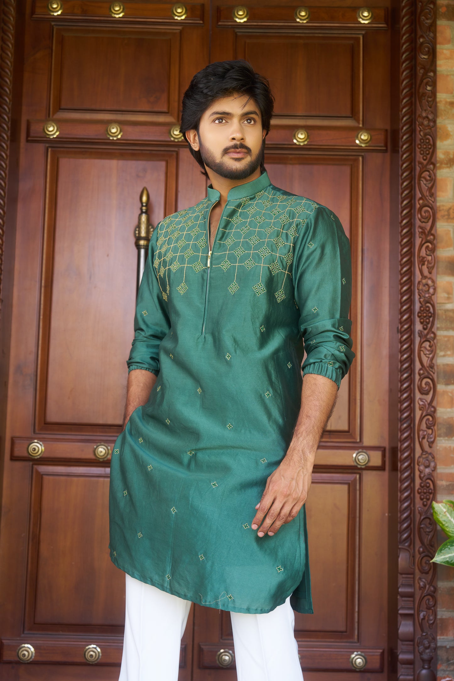 Green traditional zipper kurta with gold pattern embroidery design