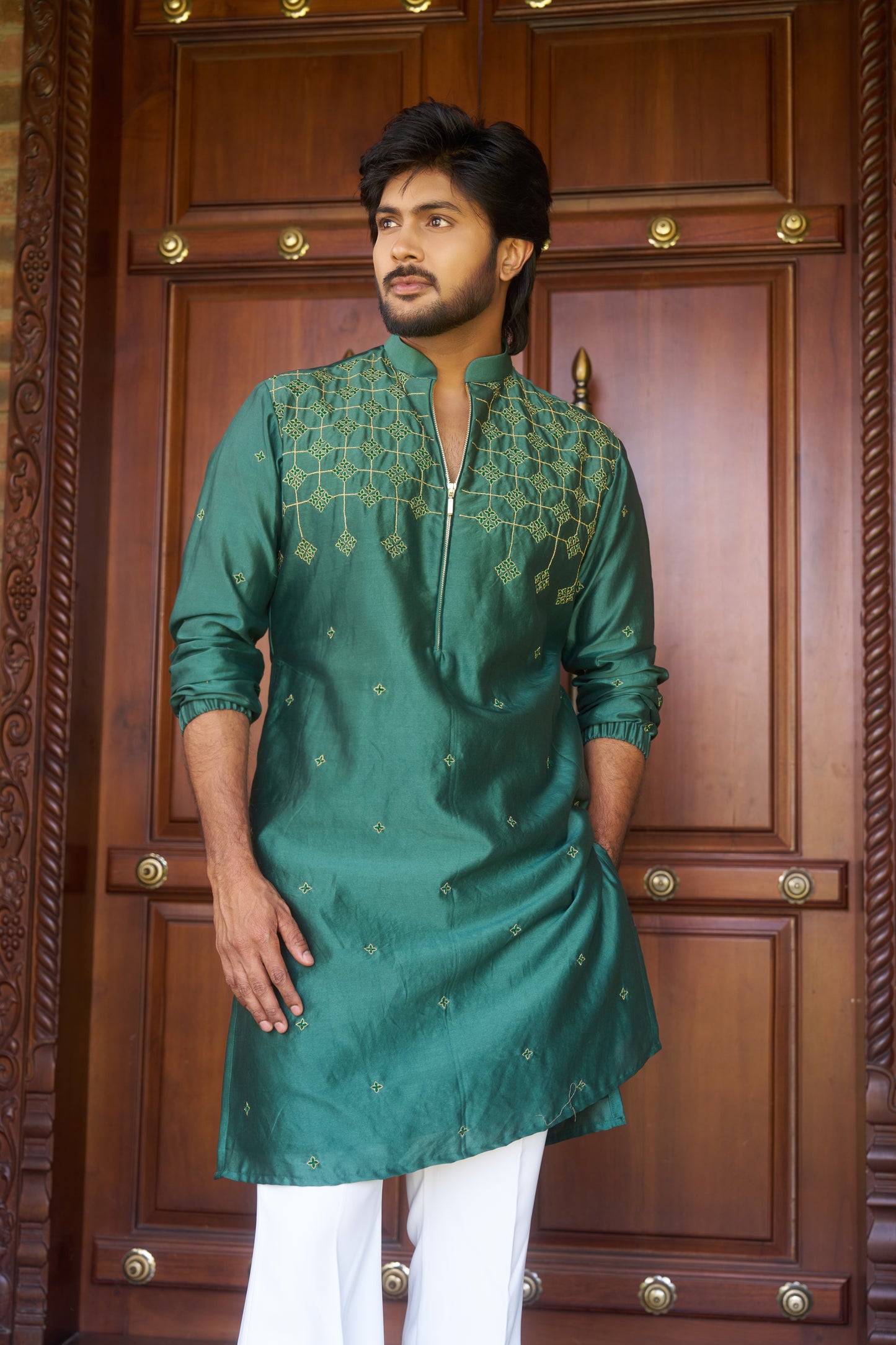 Green traditional zipper kurta with gold pattern embroidery design