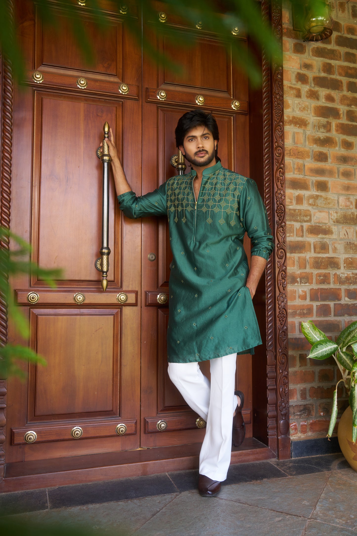 Green traditional zipper kurta with gold pattern embroidery design