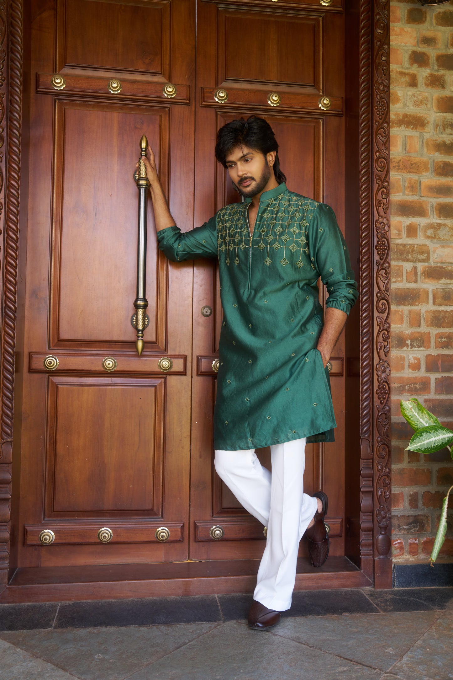 Green traditional zipper kurta with gold pattern embroidery design