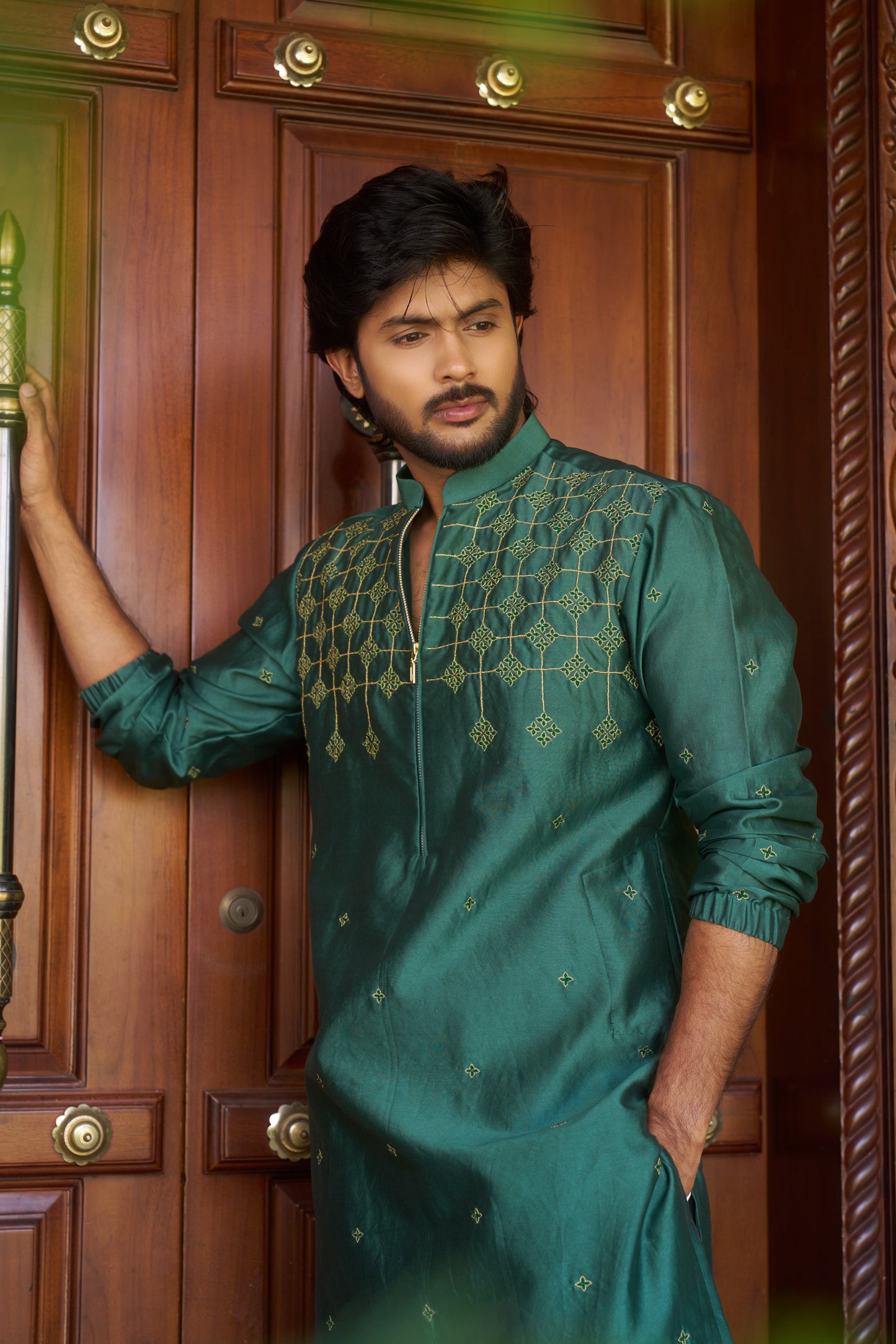 Green traditional zipper kurta with gold pattern embroidery design