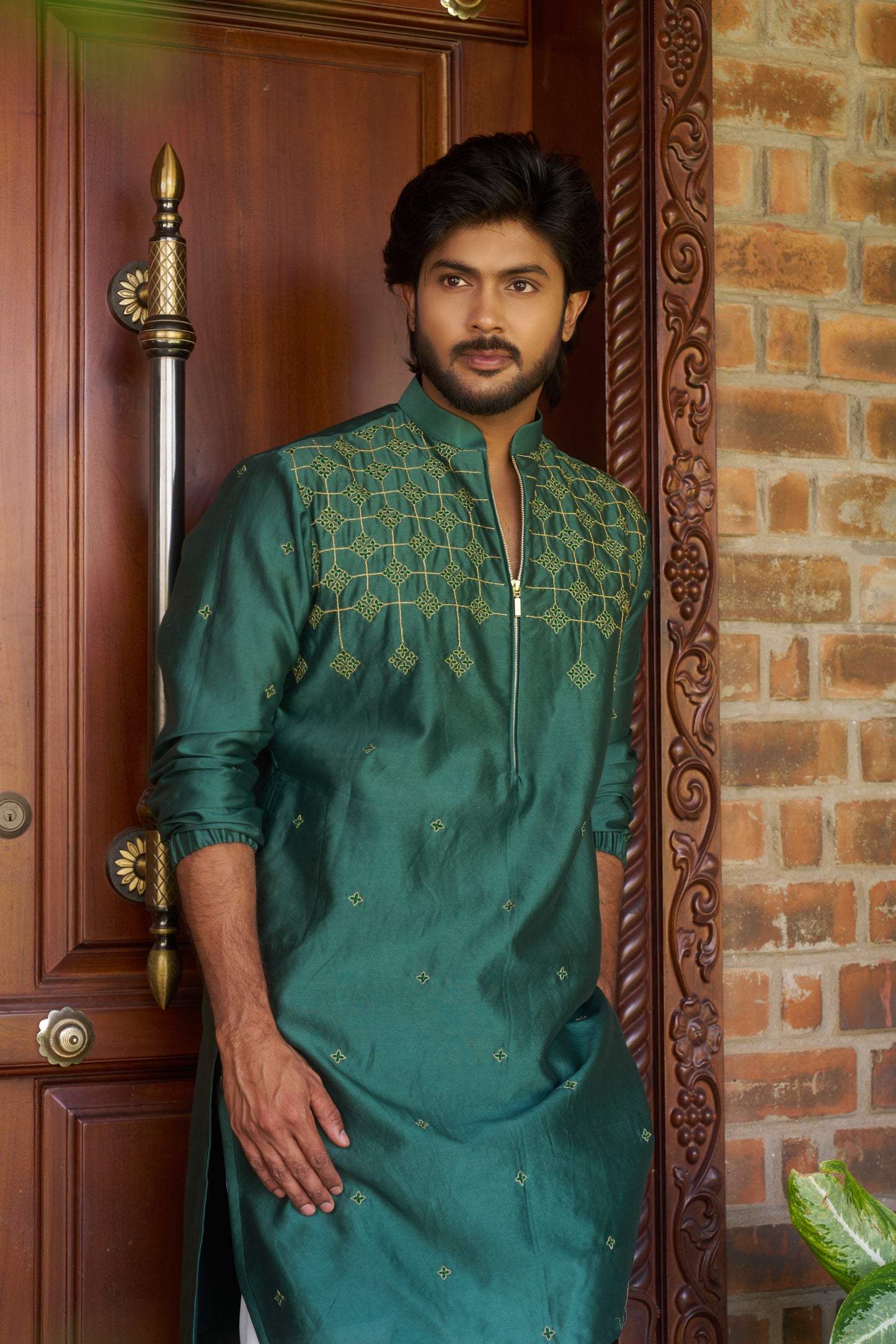 Green traditional zipper kurta with gold pattern embroidery design