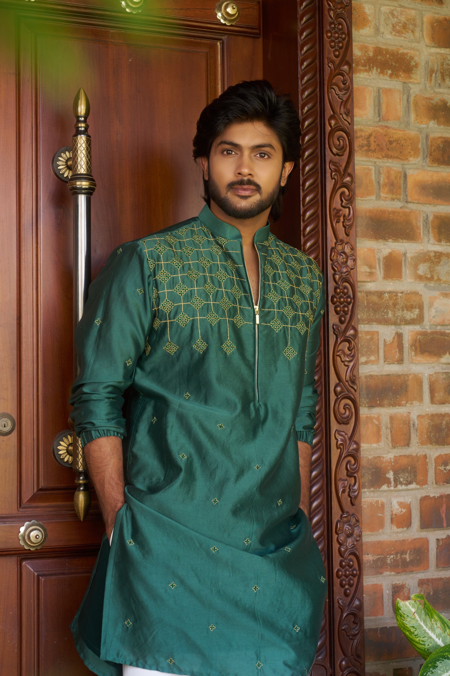 Green traditional zipper kurta with gold pattern embroidery design