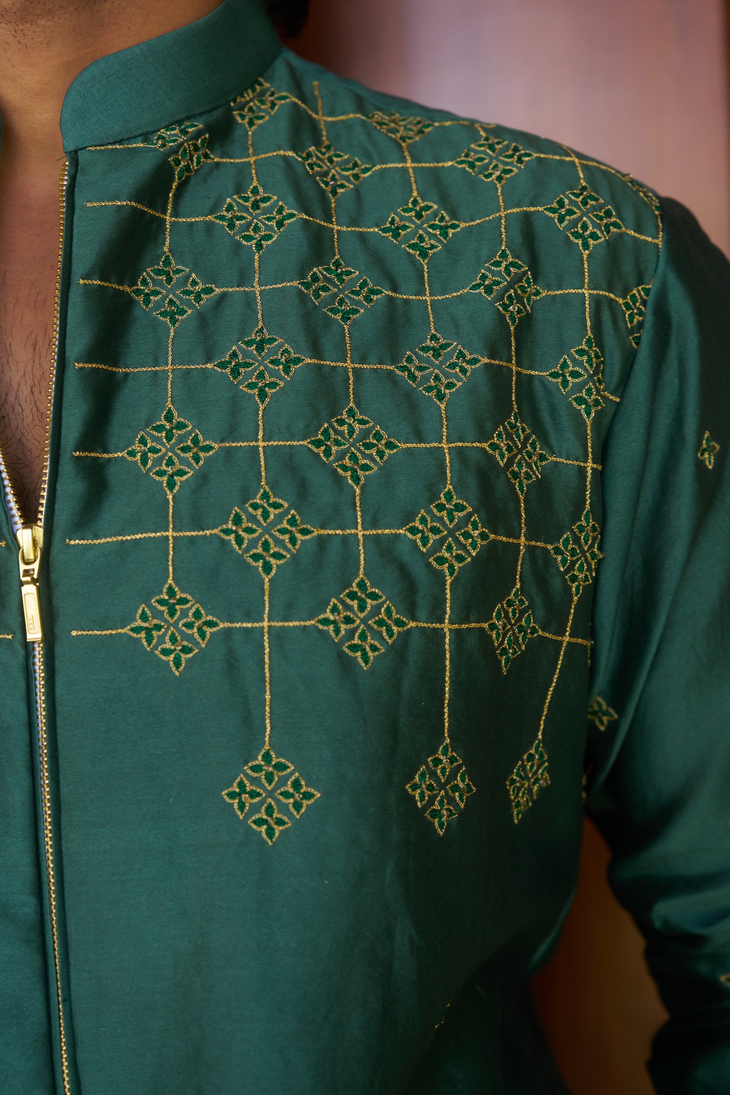 Green traditional zipper kurta with gold pattern embroidery design