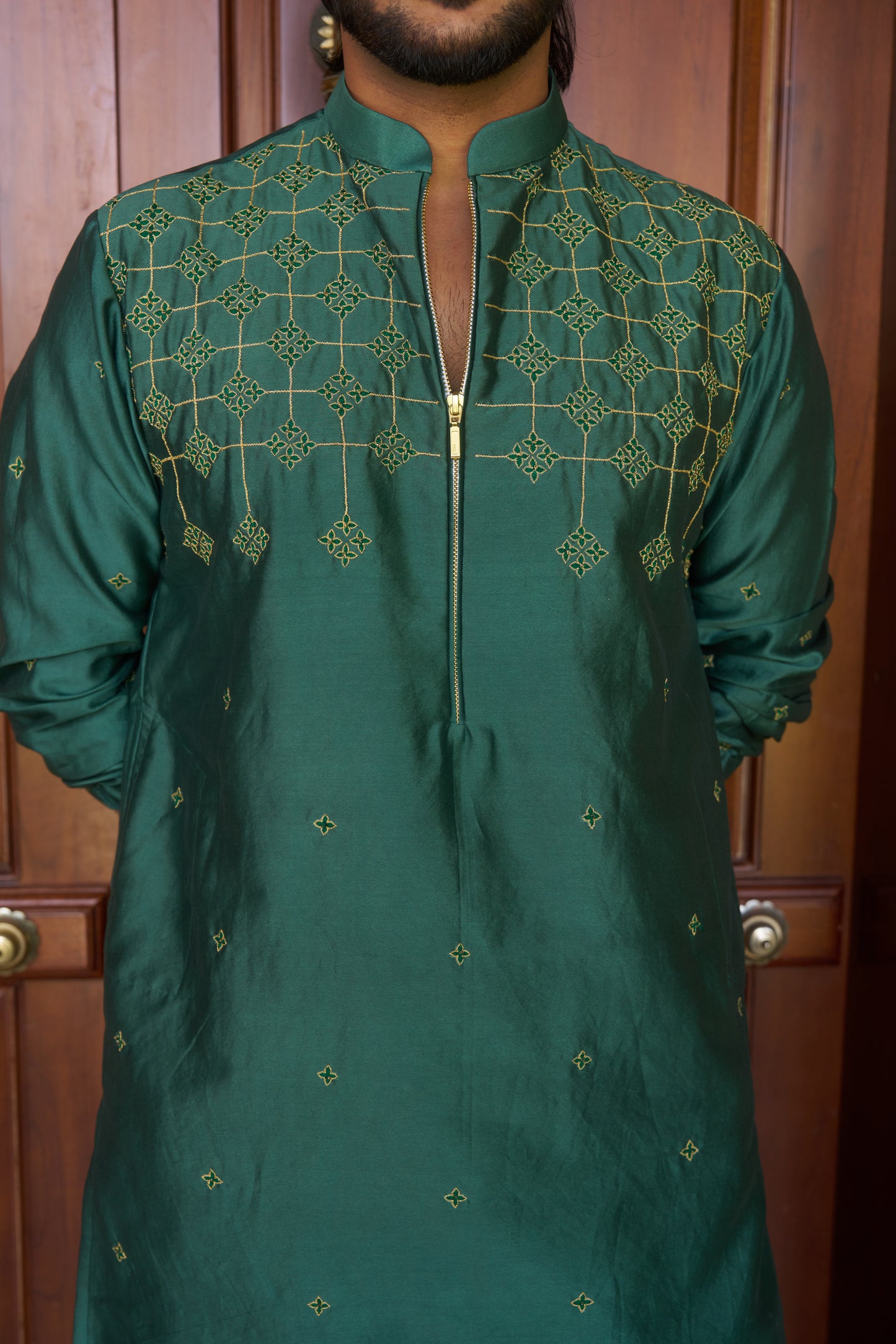Green traditional zipper kurta with gold pattern embroidery design