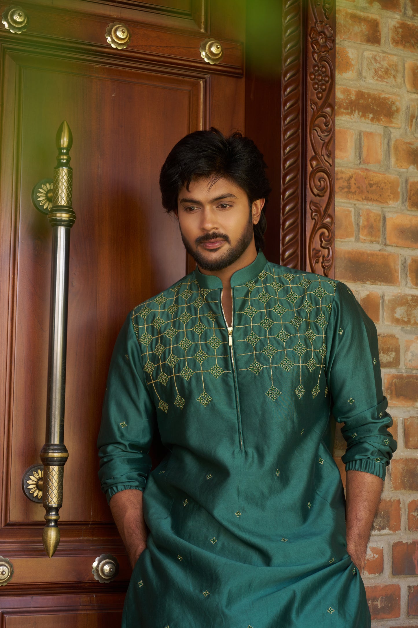 Green traditional zipper kurta with gold pattern embroidery design
