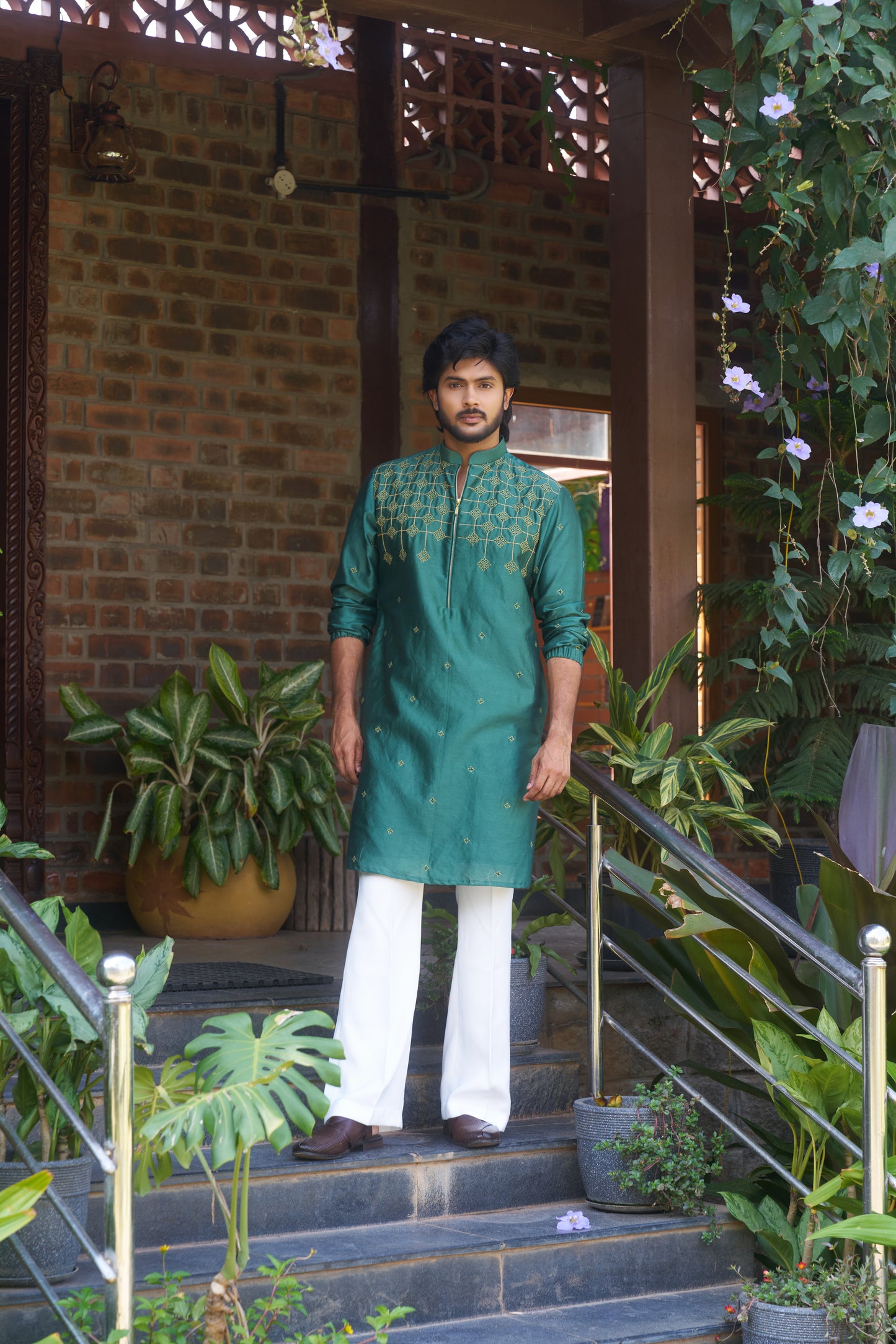 Green traditional zipper kurta with gold pattern embroidery design