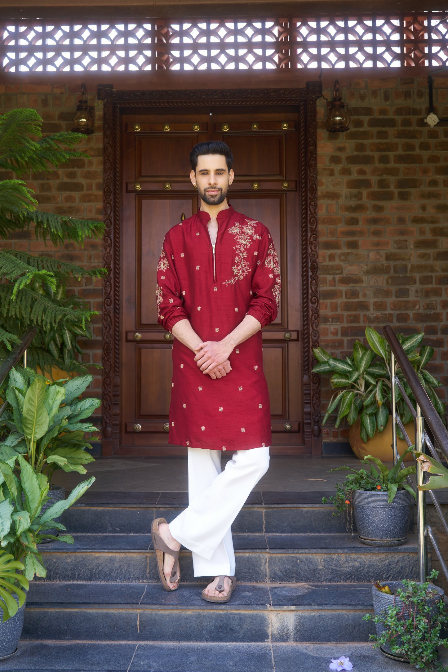 Red traditional zipper kurta with gold floral embroidery design