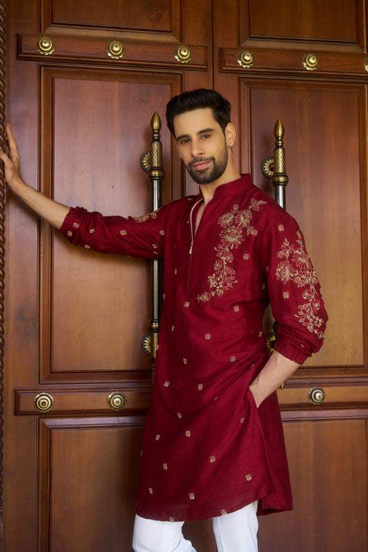 Red traditional zipper kurta with gold floral embroidery design