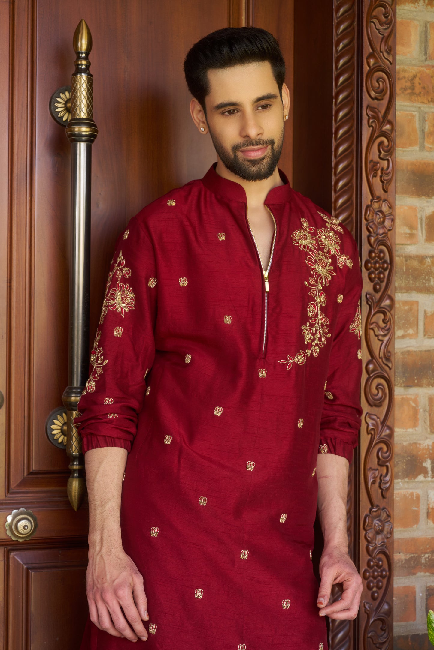 Red traditional zipper kurta with gold floral embroidery design
