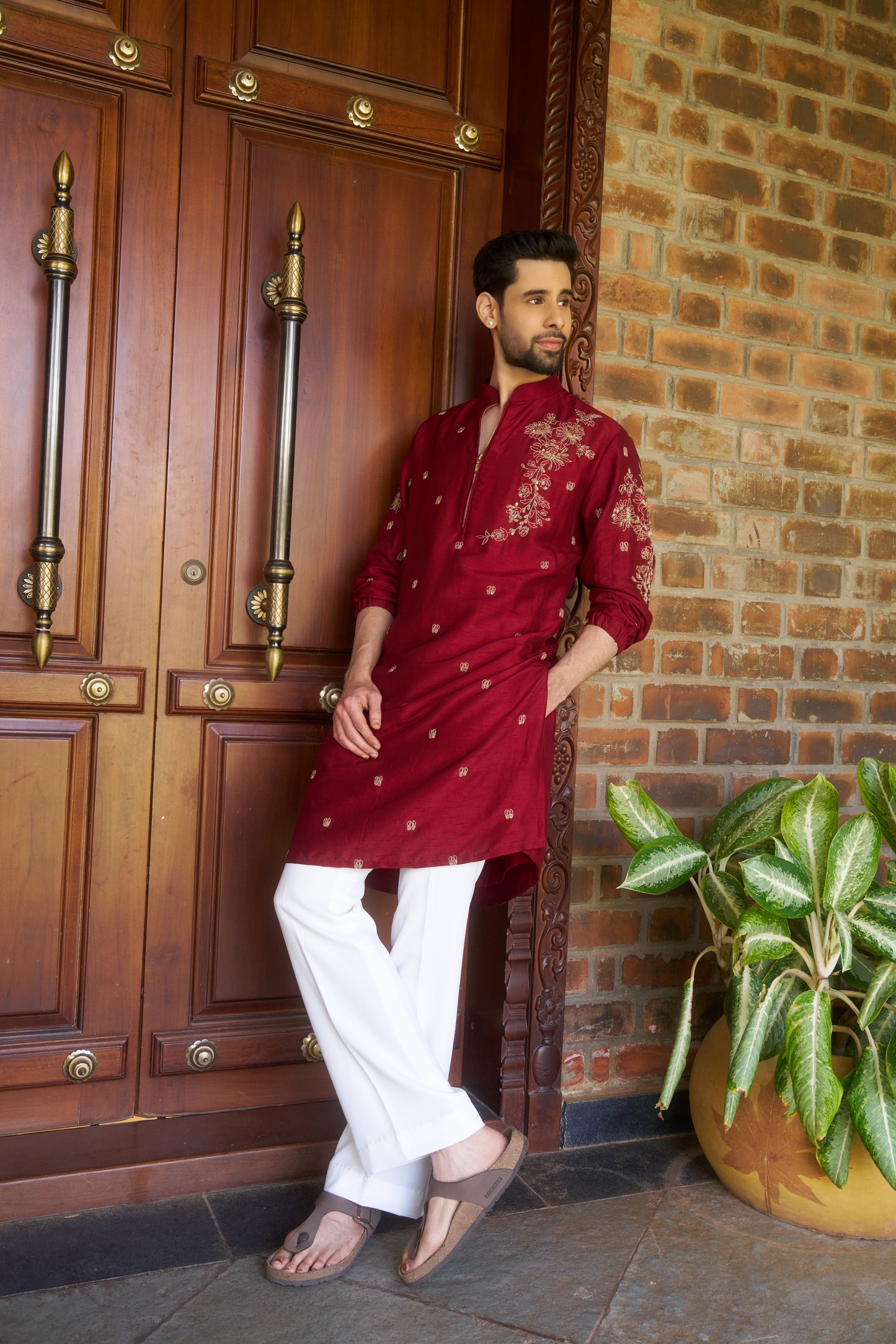 Red traditional zipper kurta with gold floral embroidery design
