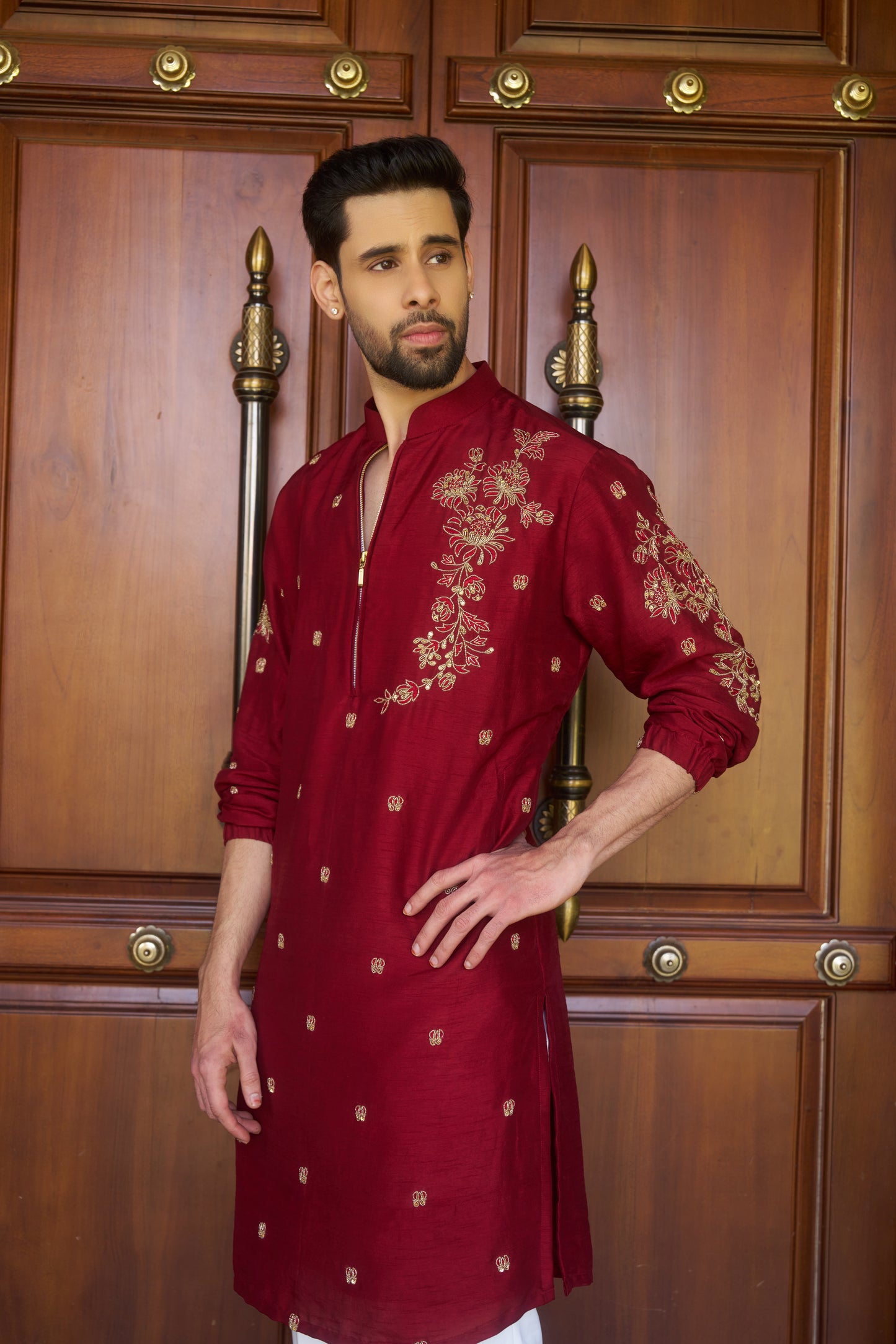 Red traditional zipper kurta with gold floral embroidery design