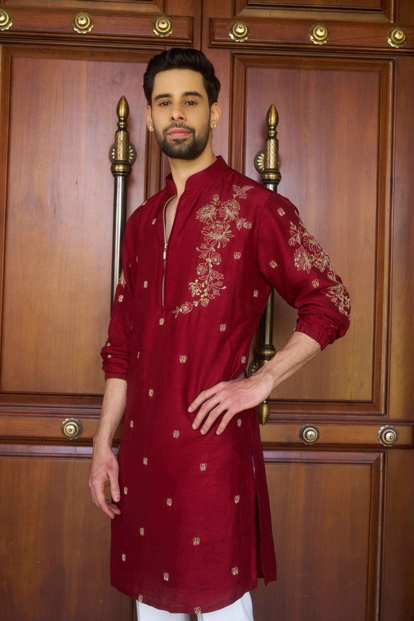 Red traditional zipper kurta with gold floral embroidery design