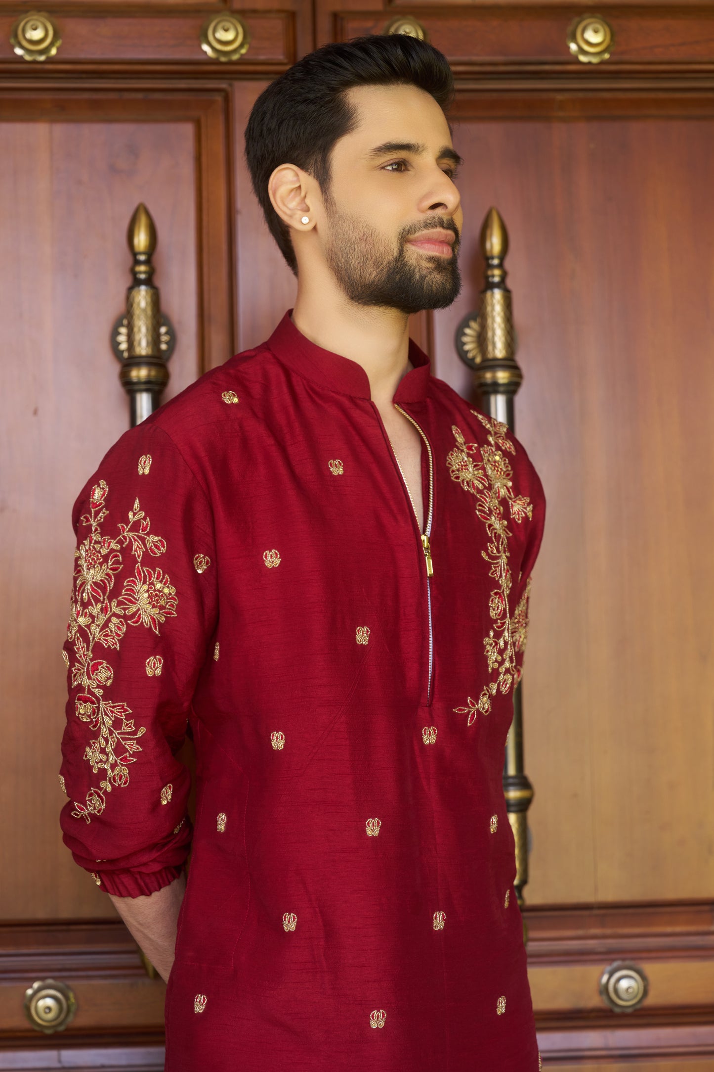 Red traditional zipper kurta with gold floral embroidery design