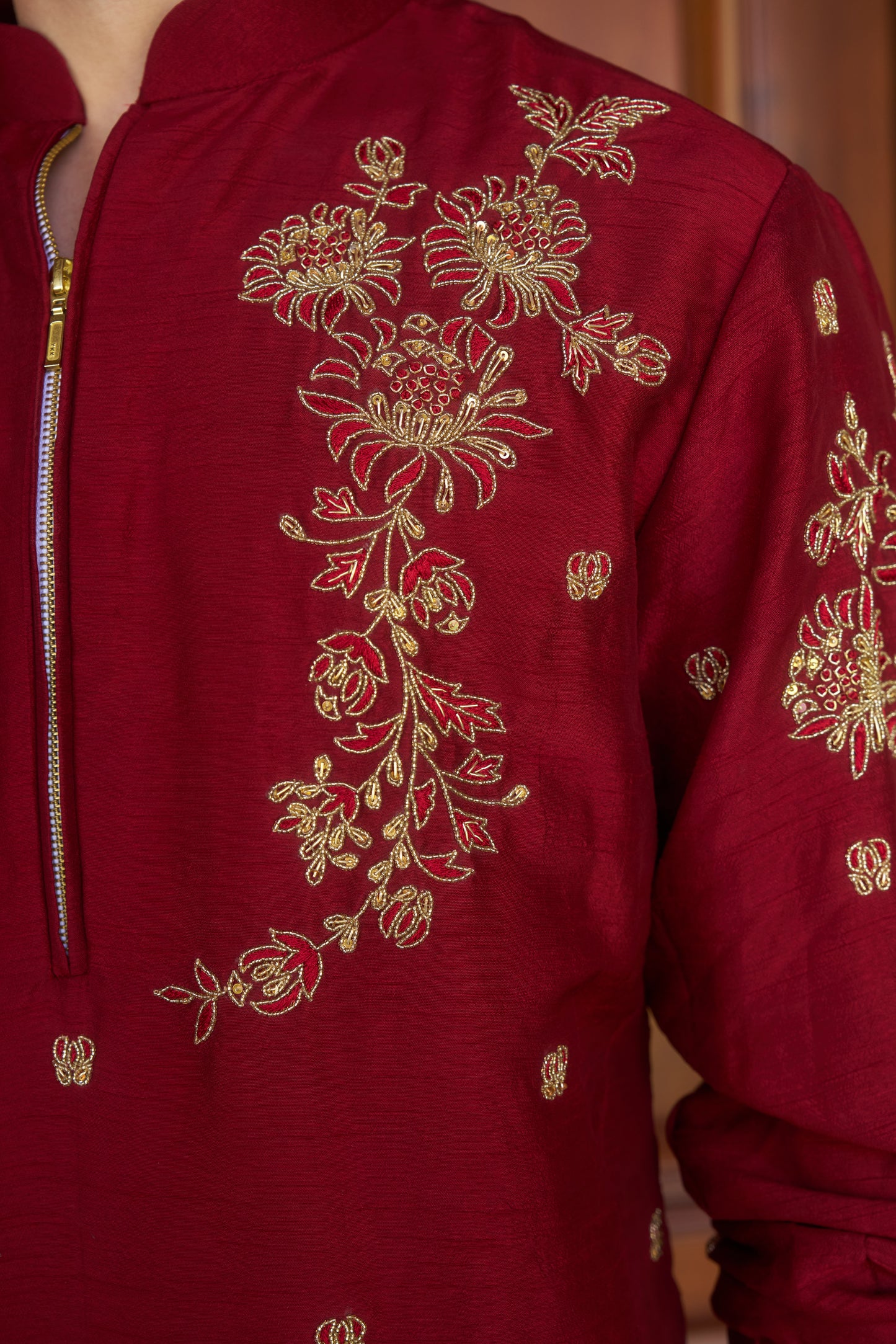 Red traditional zipper kurta with gold floral embroidery design