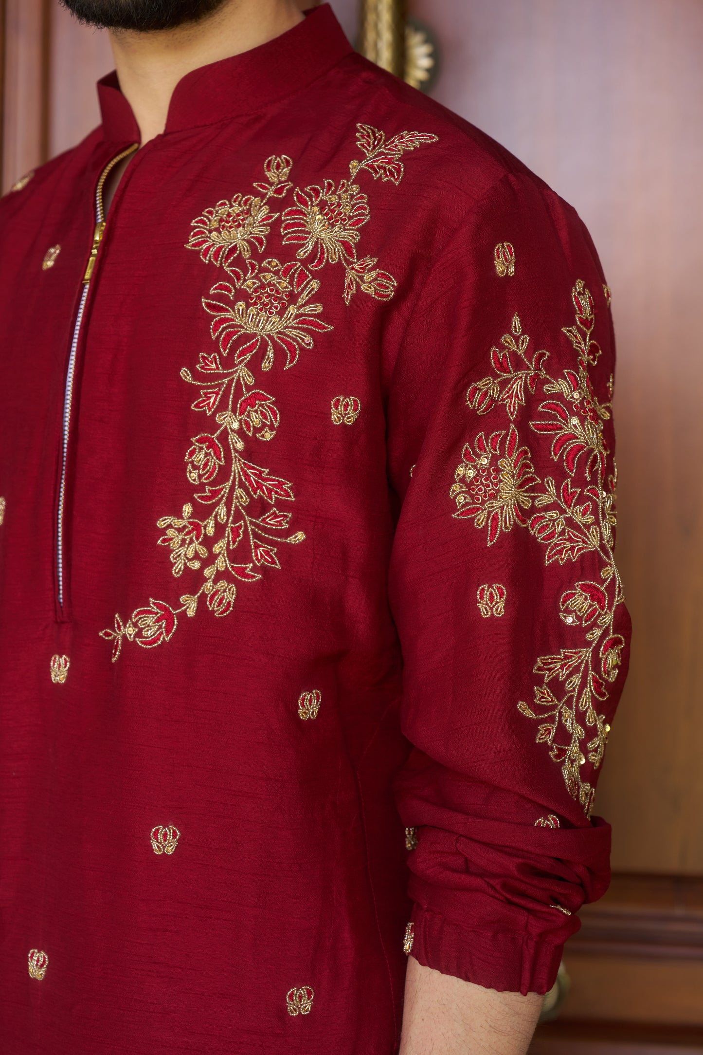 Red traditional zipper kurta with gold floral embroidery design