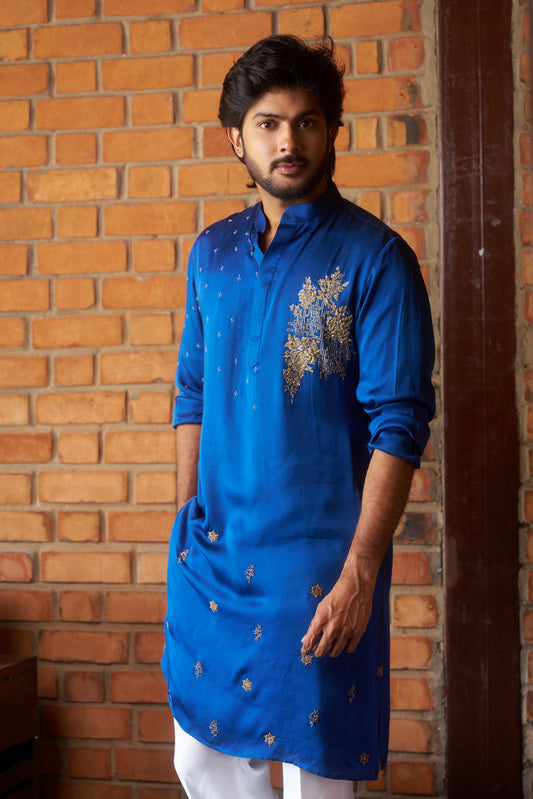 Blue traditional kurta with intricate gold embroidery design