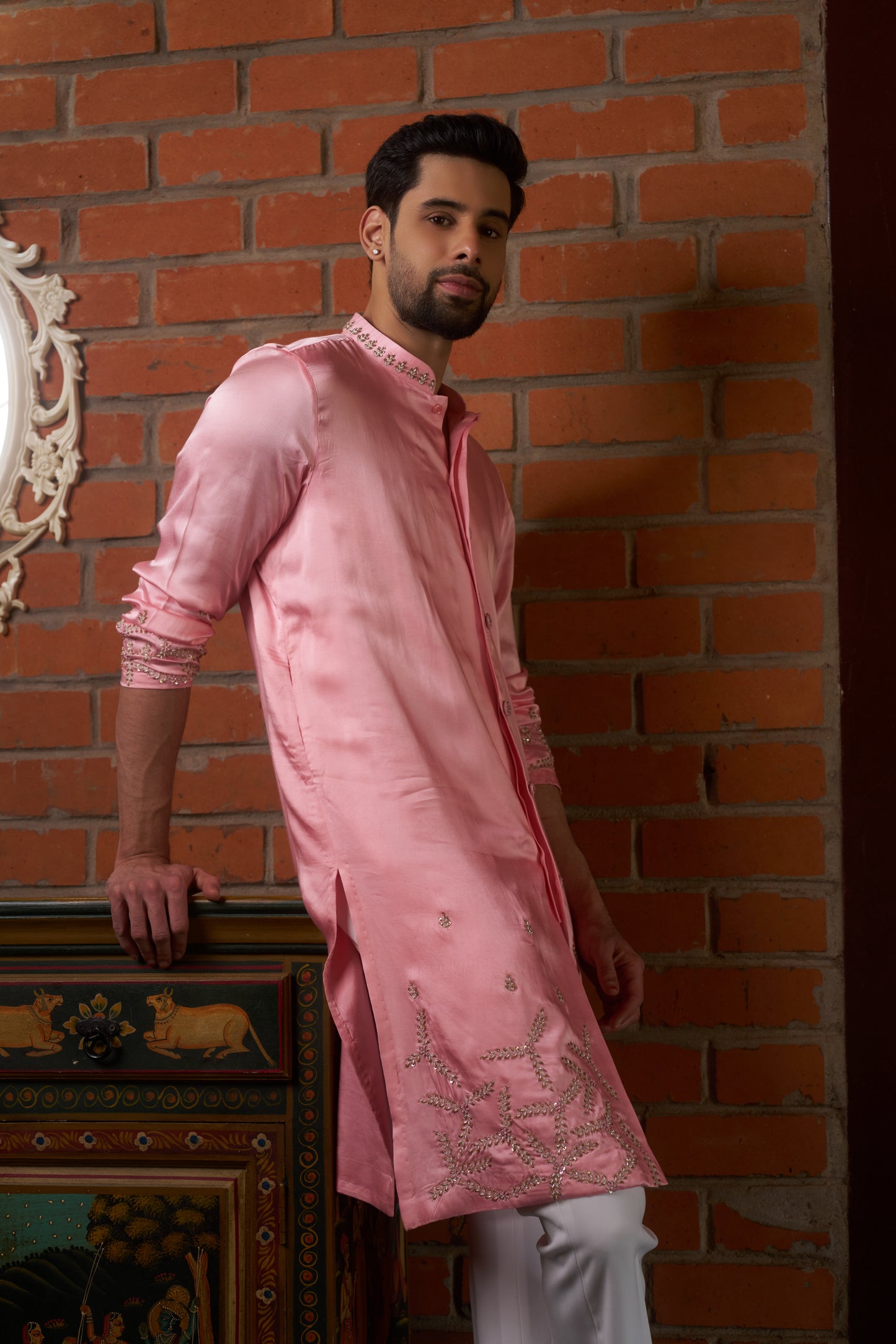 Pink traditional slit kurta with intricate hand embroidery design
