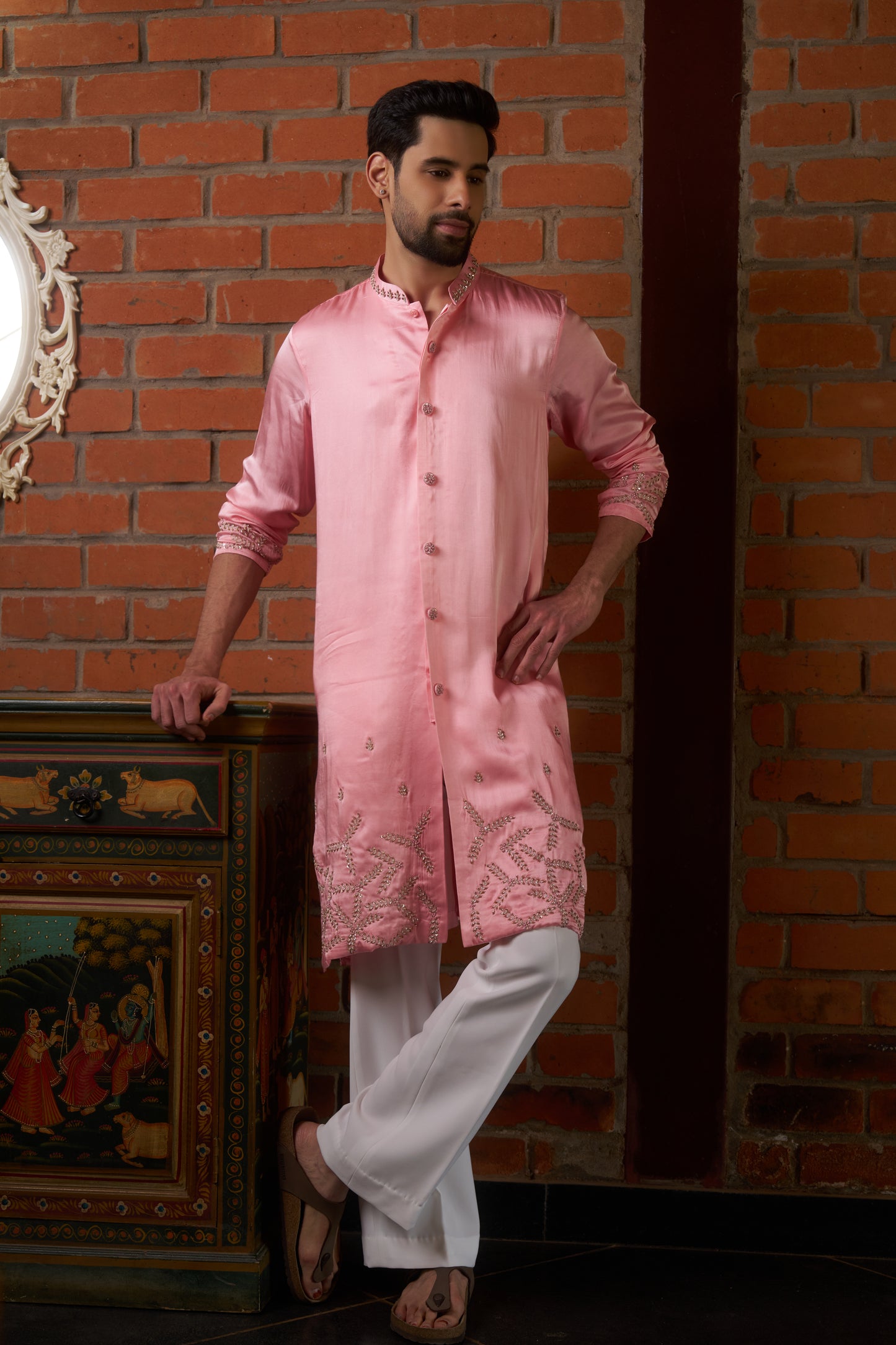 Pink traditional slit kurta with intricate hand embroidery design