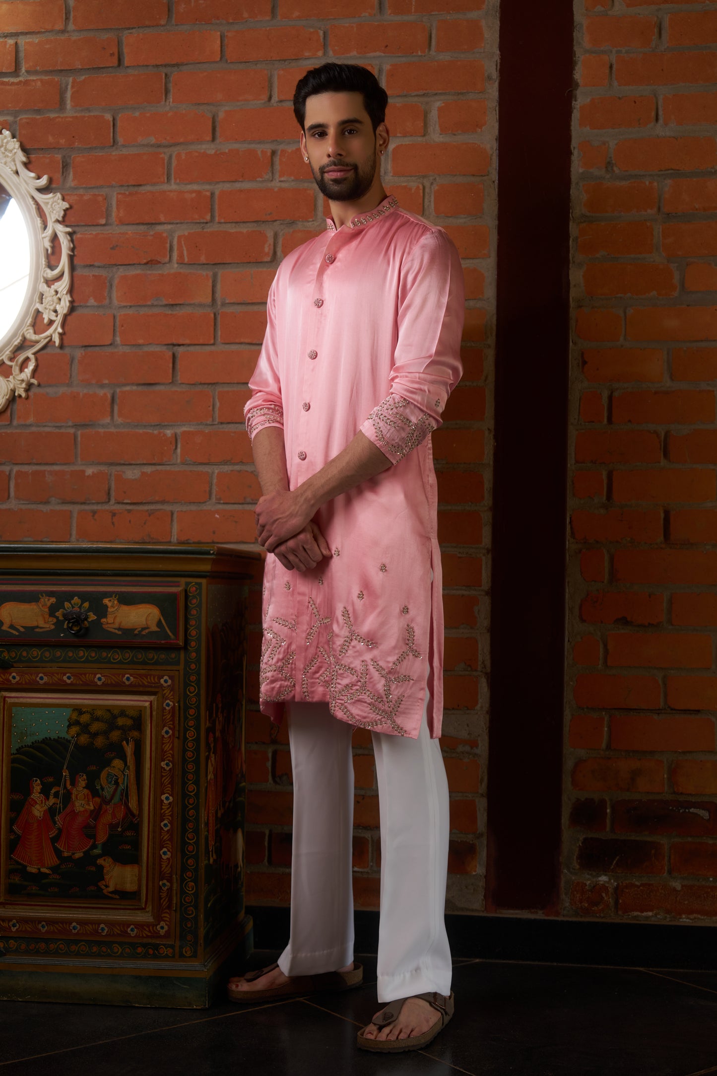 Pink traditional slit kurta with intricate hand embroidery design