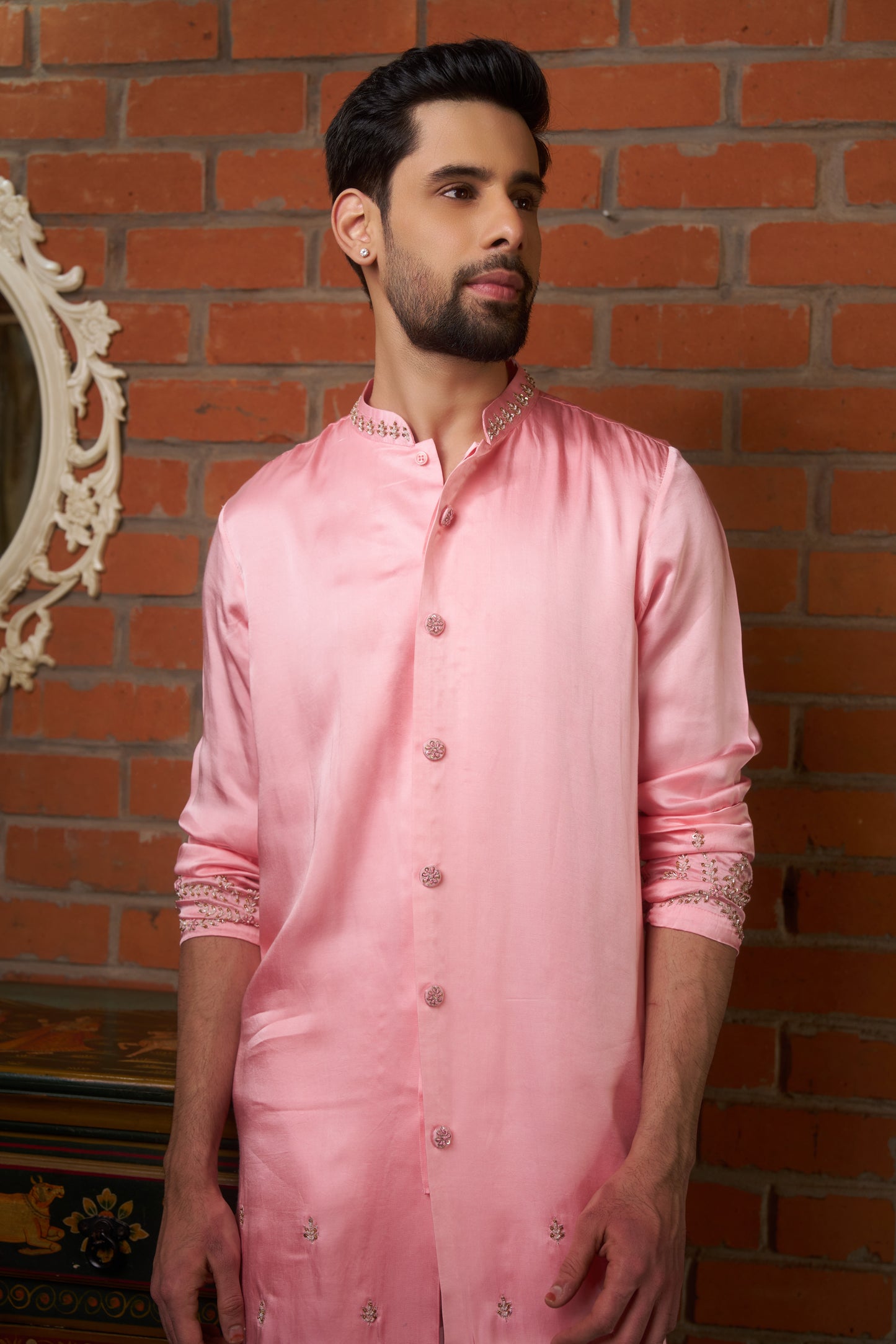 Pink traditional slit kurta with intricate hand embroidery design