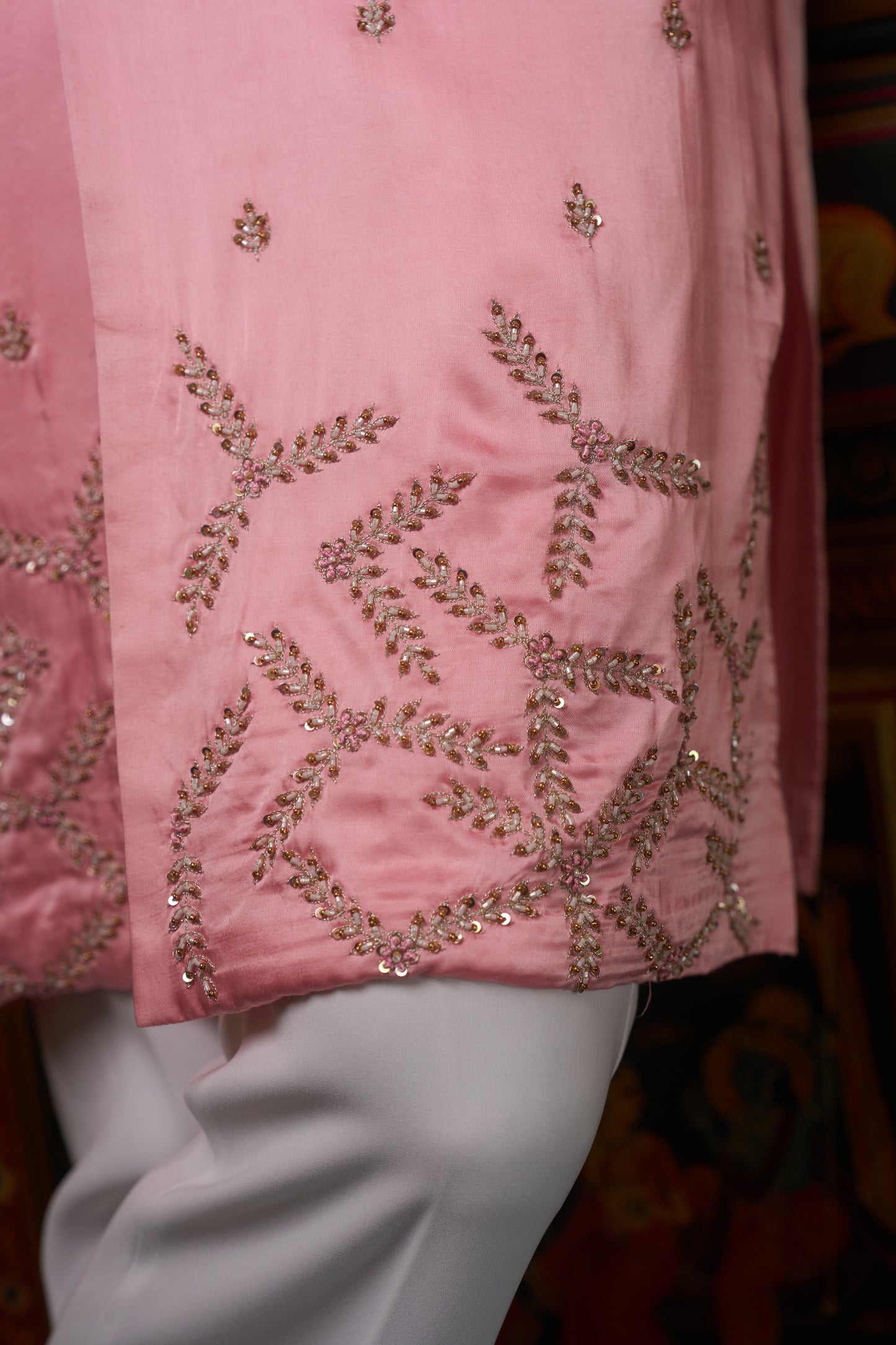 Pink traditional slit kurta with intricate hand embroidery design