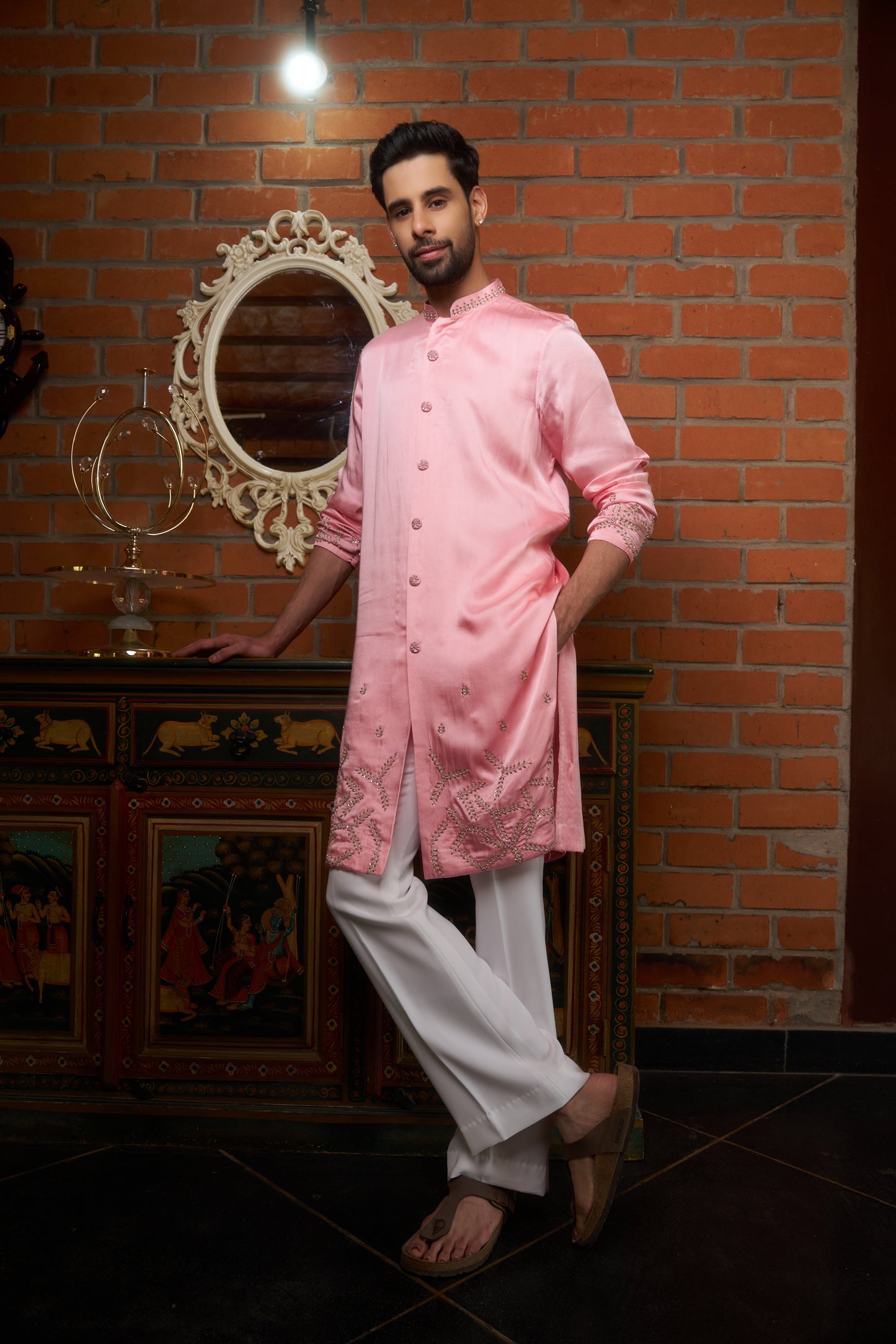 Pink traditional slit kurta with intricate hand embroidery design
