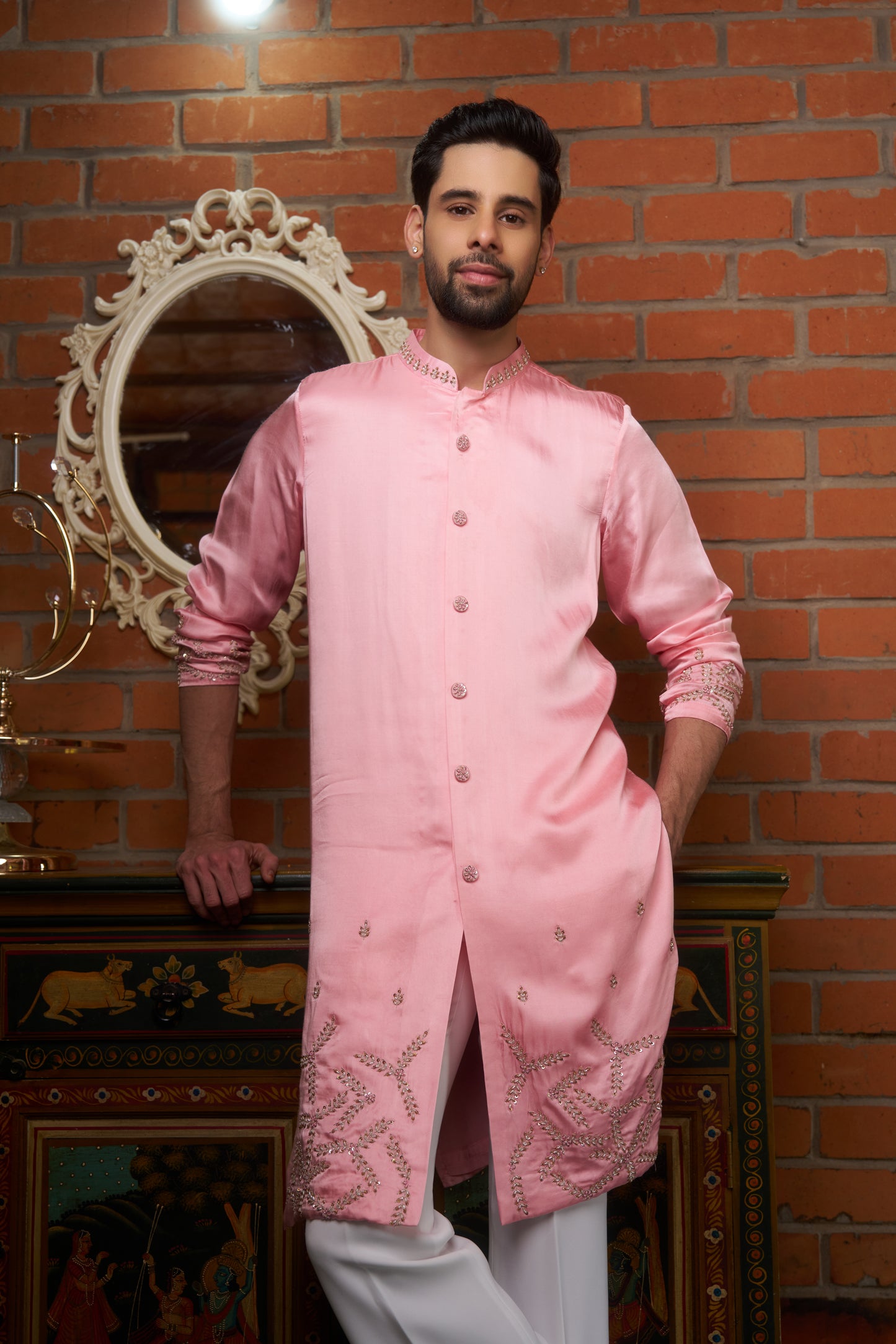 Pink traditional slit kurta with intricate hand embroidery design