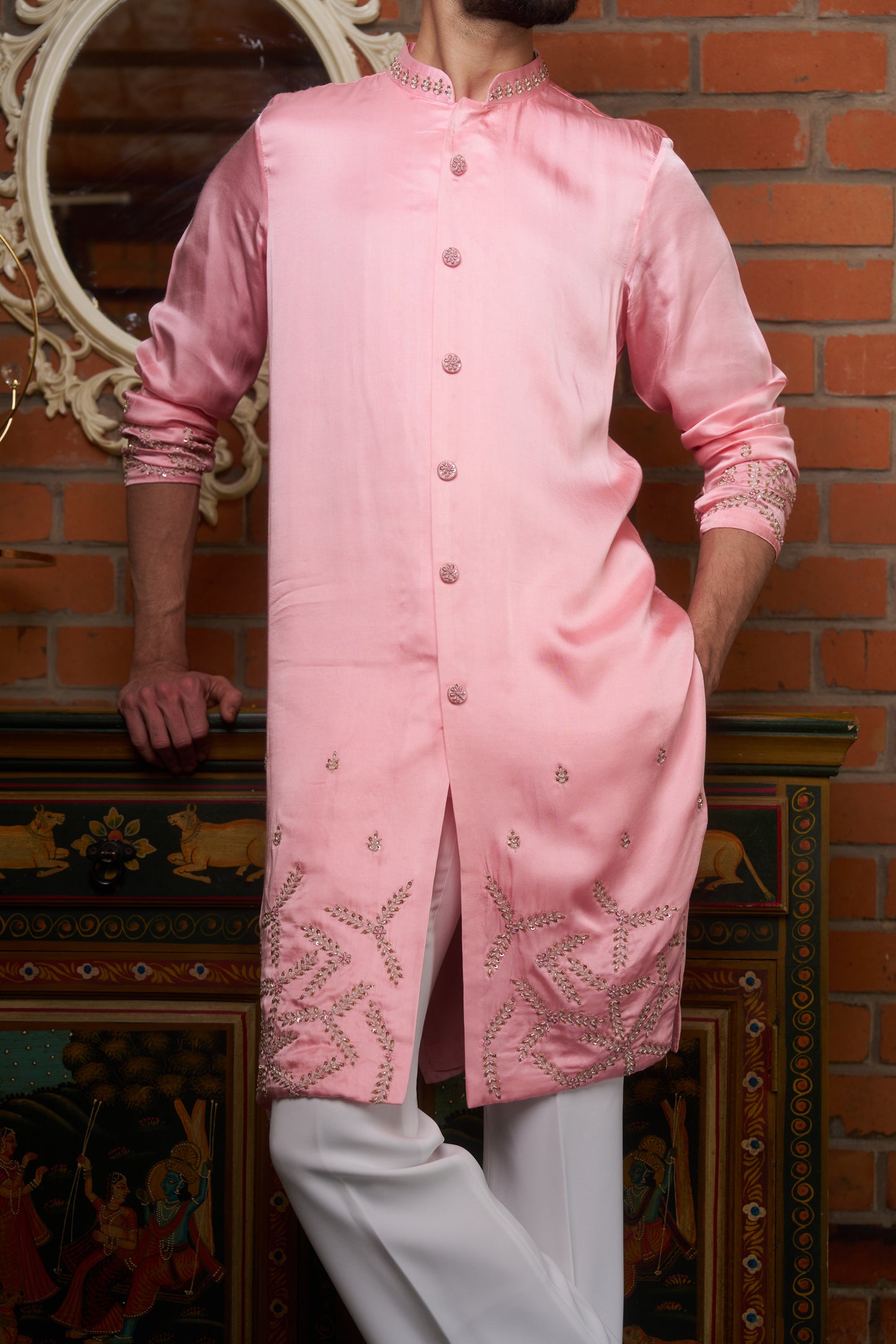 Pink traditional slit kurta with intricate hand embroidery design