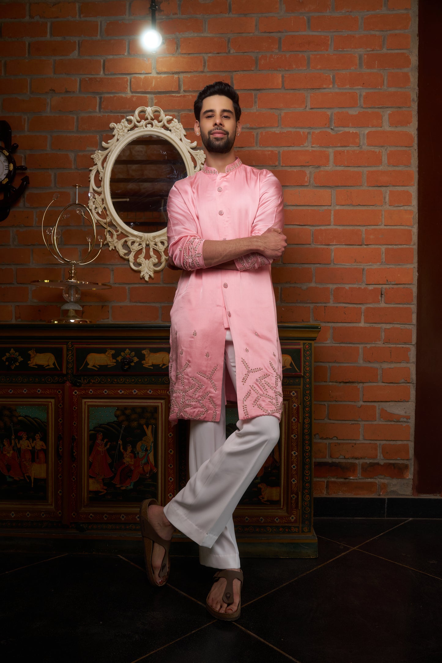 Pink traditional slit kurta with intricate hand embroidery design